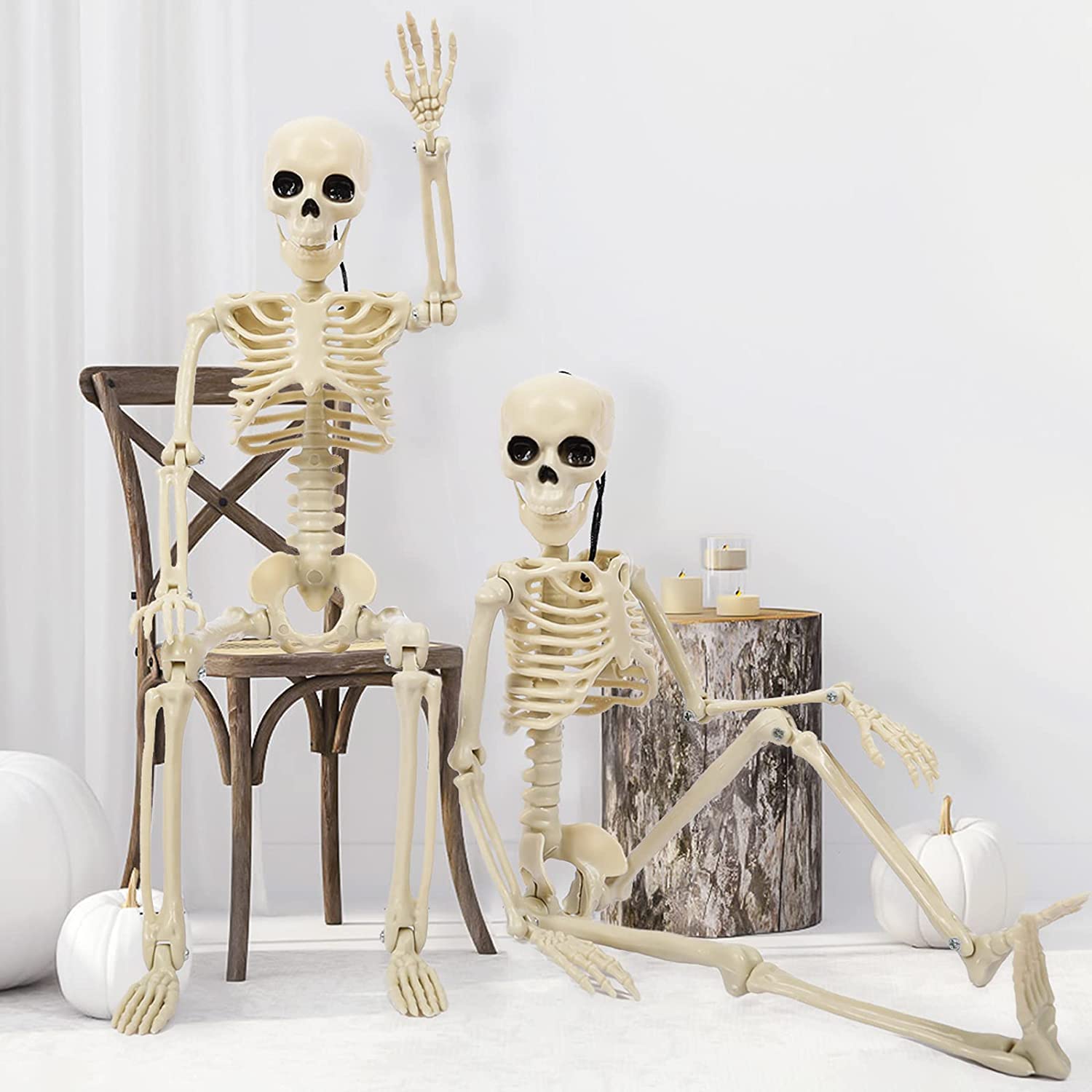 NOPLAK 2 Packs 16" Posable Halloween Skeleton, Full Body Tiny Skeletons for Halloween Decorations, Graveyard Decor, House Haunted