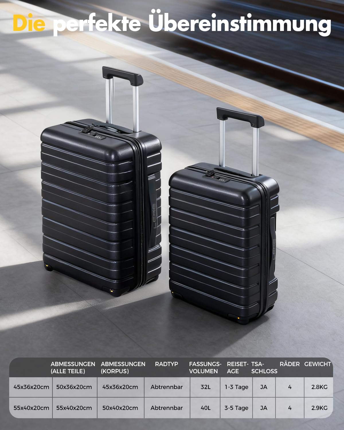 Lekesky Handgepäck Koffer 55x40x20cm - Trolley Handgepäck mit TSA Schloss und 4 Abnehmbaren Rollen, Leicht Hartschale für Ryanair, Lufthansa, Eurowings, 40L, Schwarz