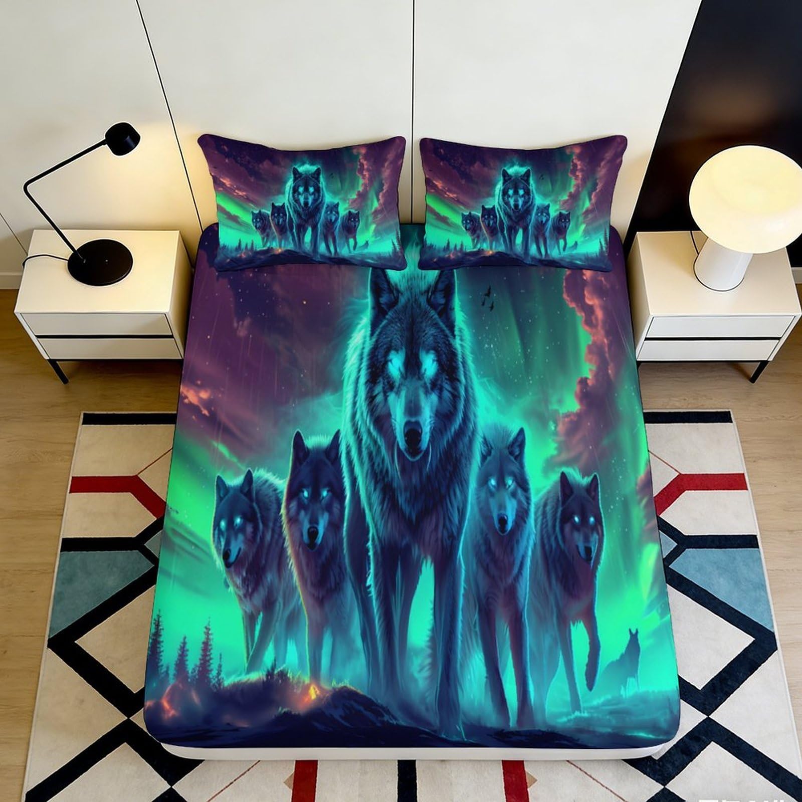 Pnayamiorkfel Style-10 3D Printed Wolf Pack Fitted Sheet Microfiber Soft Breathable Northern Lights Bed Cover For Bedroom Dorm Decor 90X200x25cm