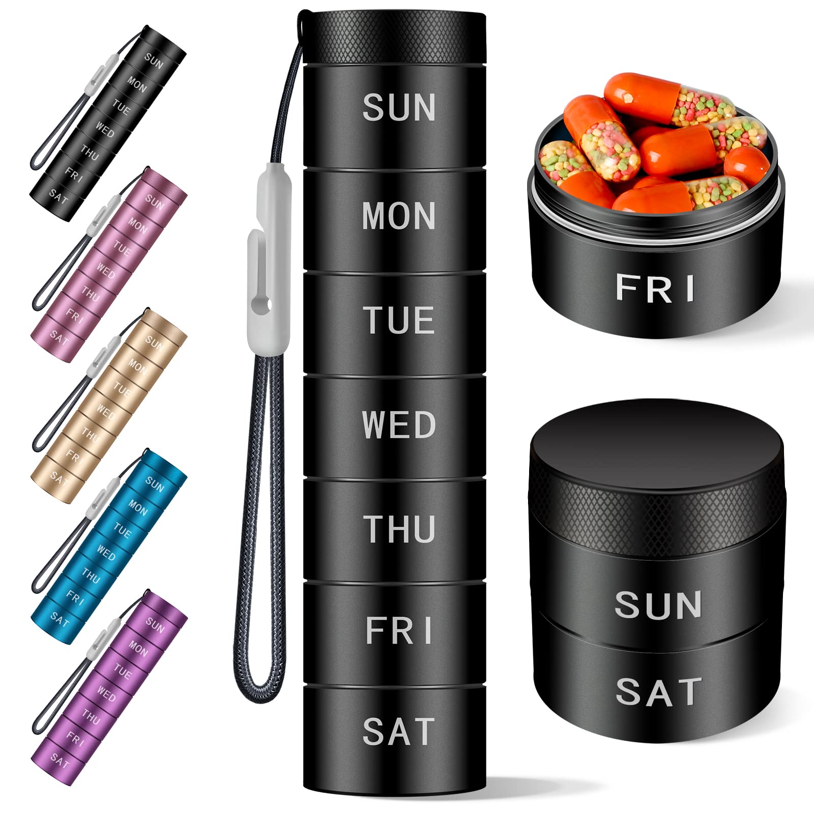 Serfeymi Travel Pill Organizer,Weekly Waterproof Metal Pill Case,Pill Holder, Moisture Proof Daily pill box 7 day,Large Pill Container to Hold Vitamins,Medication, Fish Oil ,Supplements 【Black】