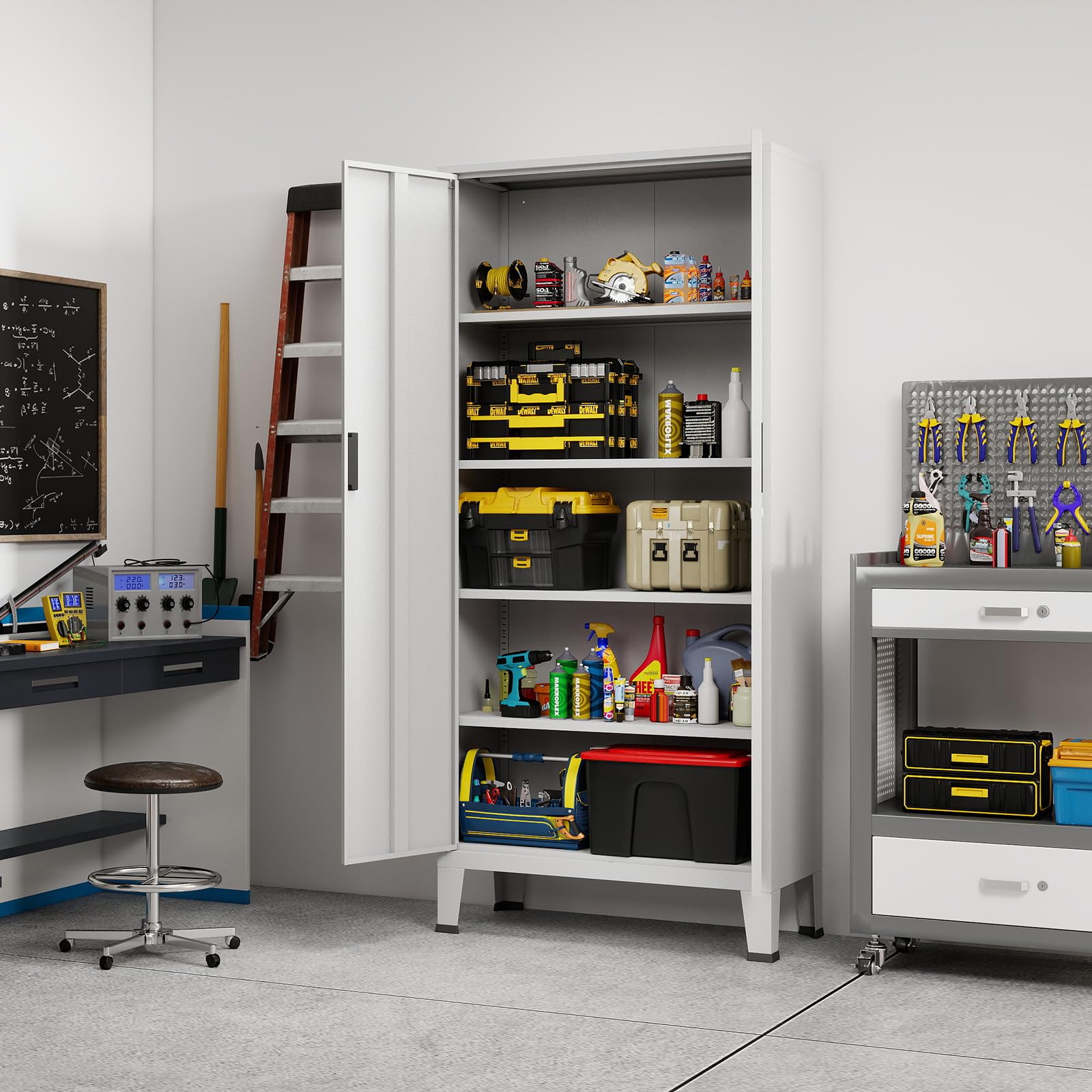 YOUDENOVA Armoire de Bureau Métallique 80 x 40 x 180 cm avec Serrure Rangement Bureau avec 5 Compartiments pour Classeur, Doubles Portes, Serrure, Armoire à Outils,Étagères Réglables,Blanc Mat
