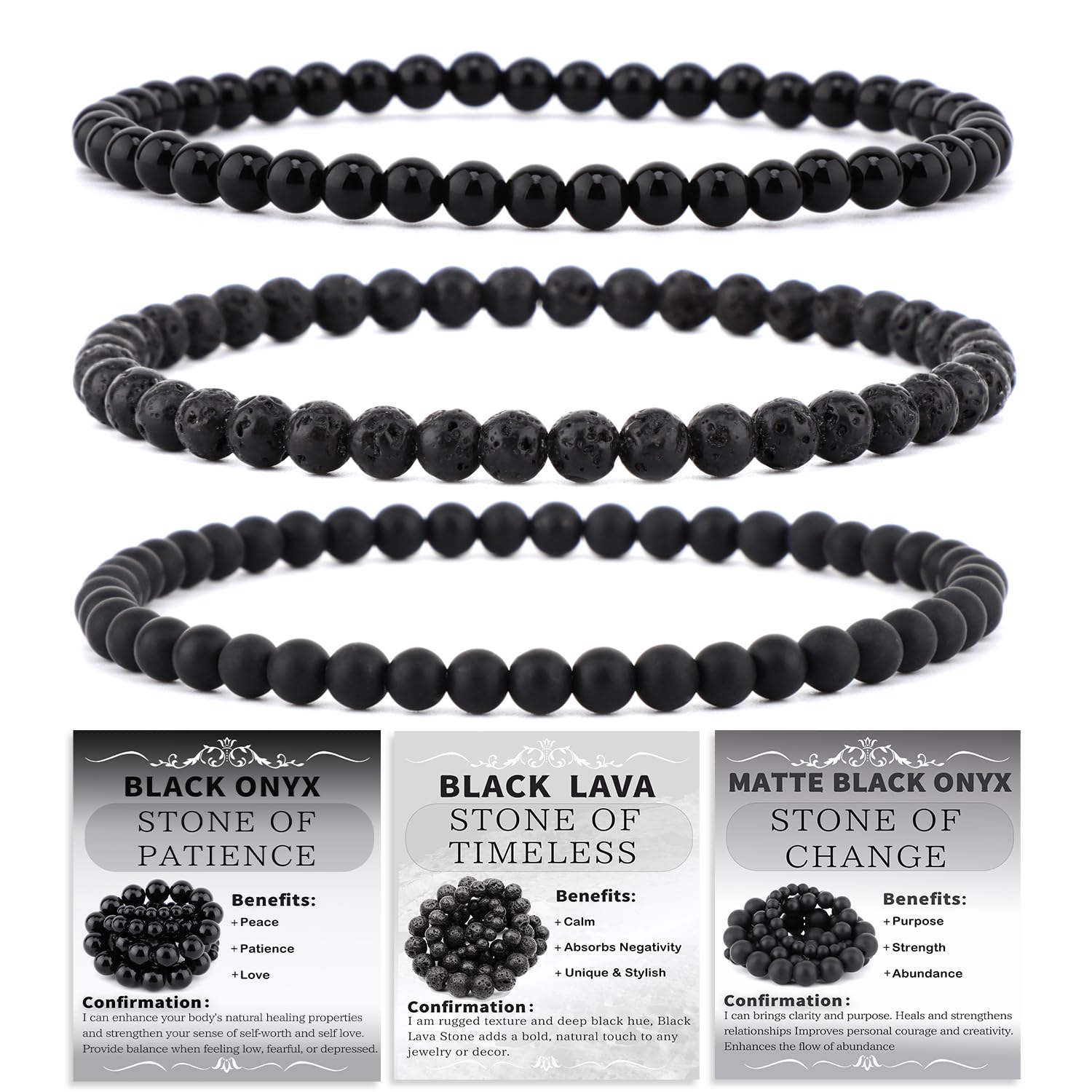 NCB 3-Piece 4mm Natural Crystal Gemstone Stretch Bracelets | Reiki Energy Healing Jewelry for Meditation, Yoga - main product image