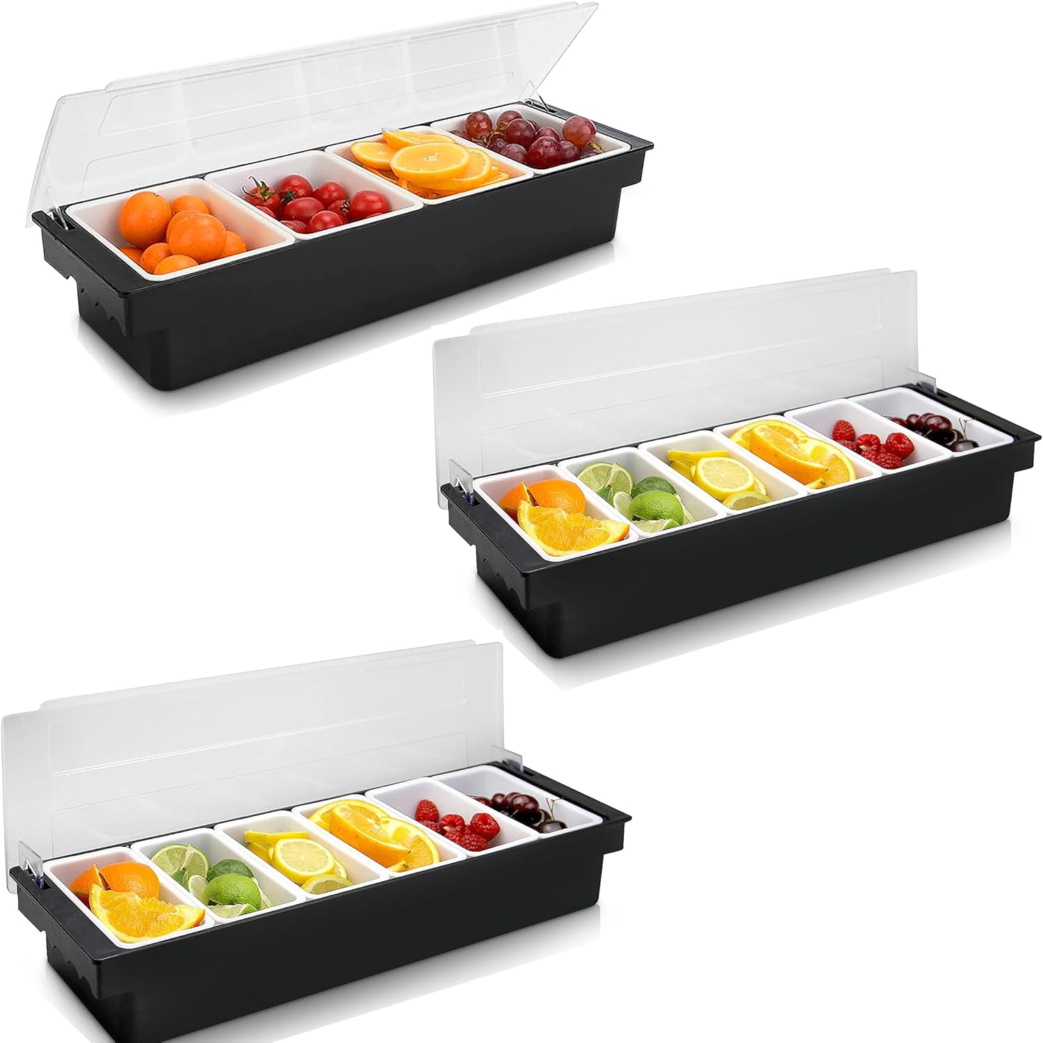 WICHEMI Fruit, Veggie & Condiment Caddy with Lid Dispenser Tray Garnish Station for Bartending & Serving Taco, Ice Cream, Salad Bar (3 Pack, 6 Compartment x2, 4 Compartment x1)