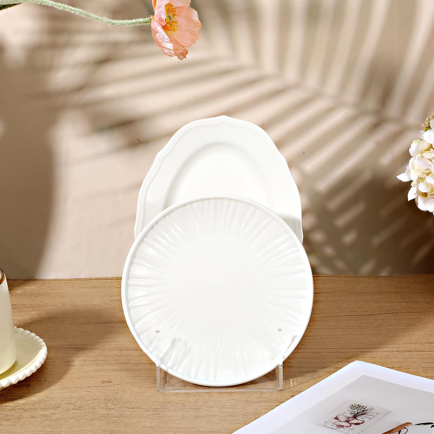 4 Pcs Plate Dinnerware Display Stand, 2-Tier China Platters Holder, Acrylic Plate Stands for Display Clear Kitchen Cabinet Organizer