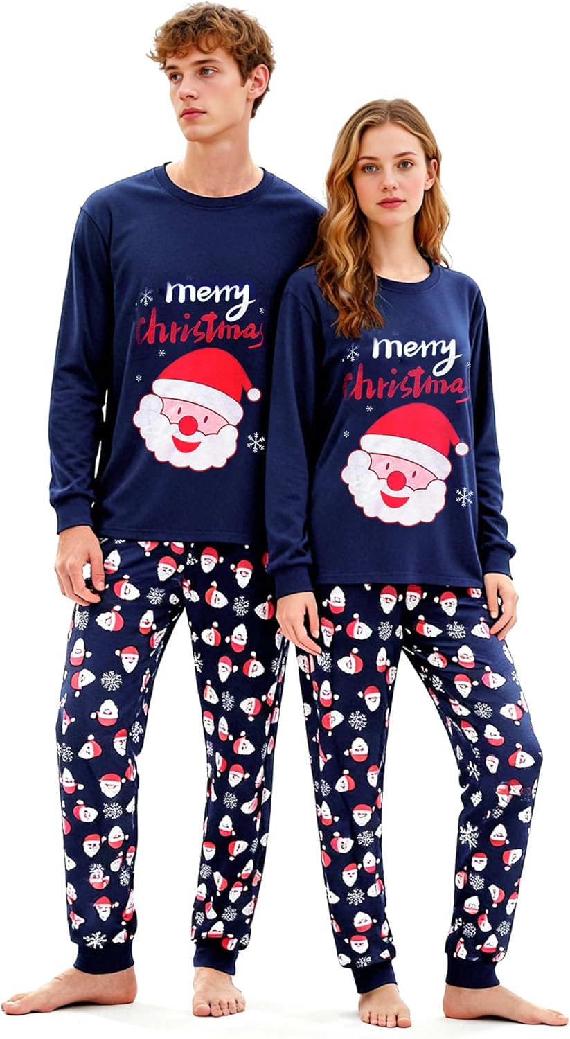 Christmas Matching Pajamas Set for Couples Snowman Santa Claus Print Long Sleeve Sleepwear for Women Men