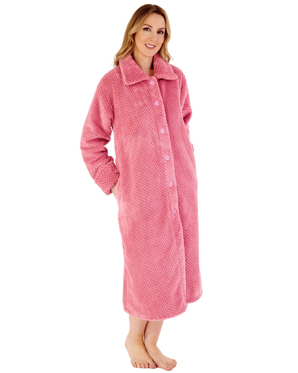 Slenderella Ladies Button Up Dressing Gown Super Soft Waffle Fleece Bath Robe Medium (Pink)