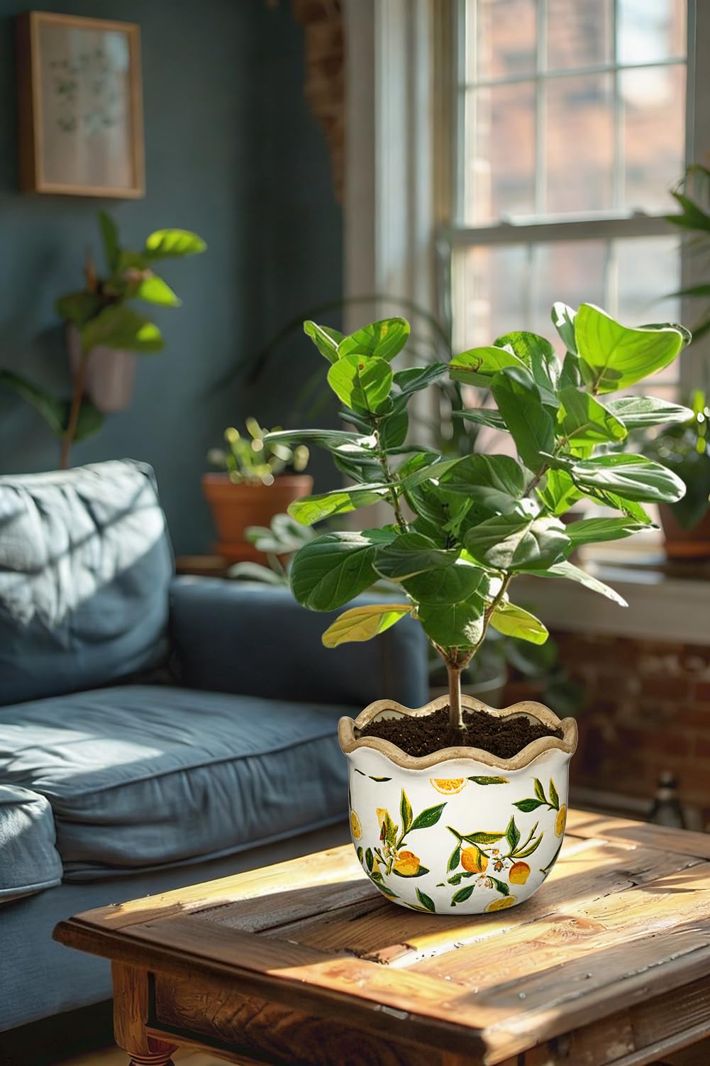 2er Set Keramik Blumentöpfe mit Vintage Zitronenmuster Wellenkanten-Design mit Drainageloch-Untersetzern für Zimmerpflanzen/Sukkulenten, Retro-Dekoration für Gartenbehälter-Sets im Freien, 17cm/14cm