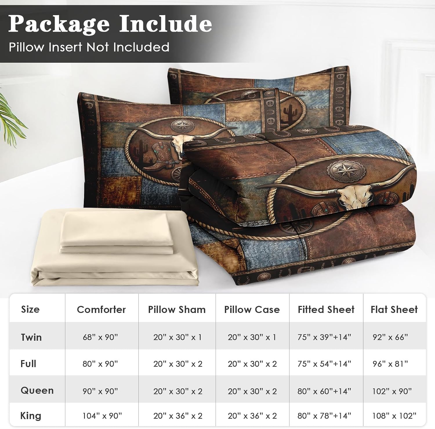 WeCozy 7 Pcs Queen Size Comforter Set with 2 Pillowcases & 2 Shams, Western Cowboy Rustic Bedding Set for Kids and Adults, Cactus Patchwork Bed in a Bag with Flat Sheet and Fitted Sheet