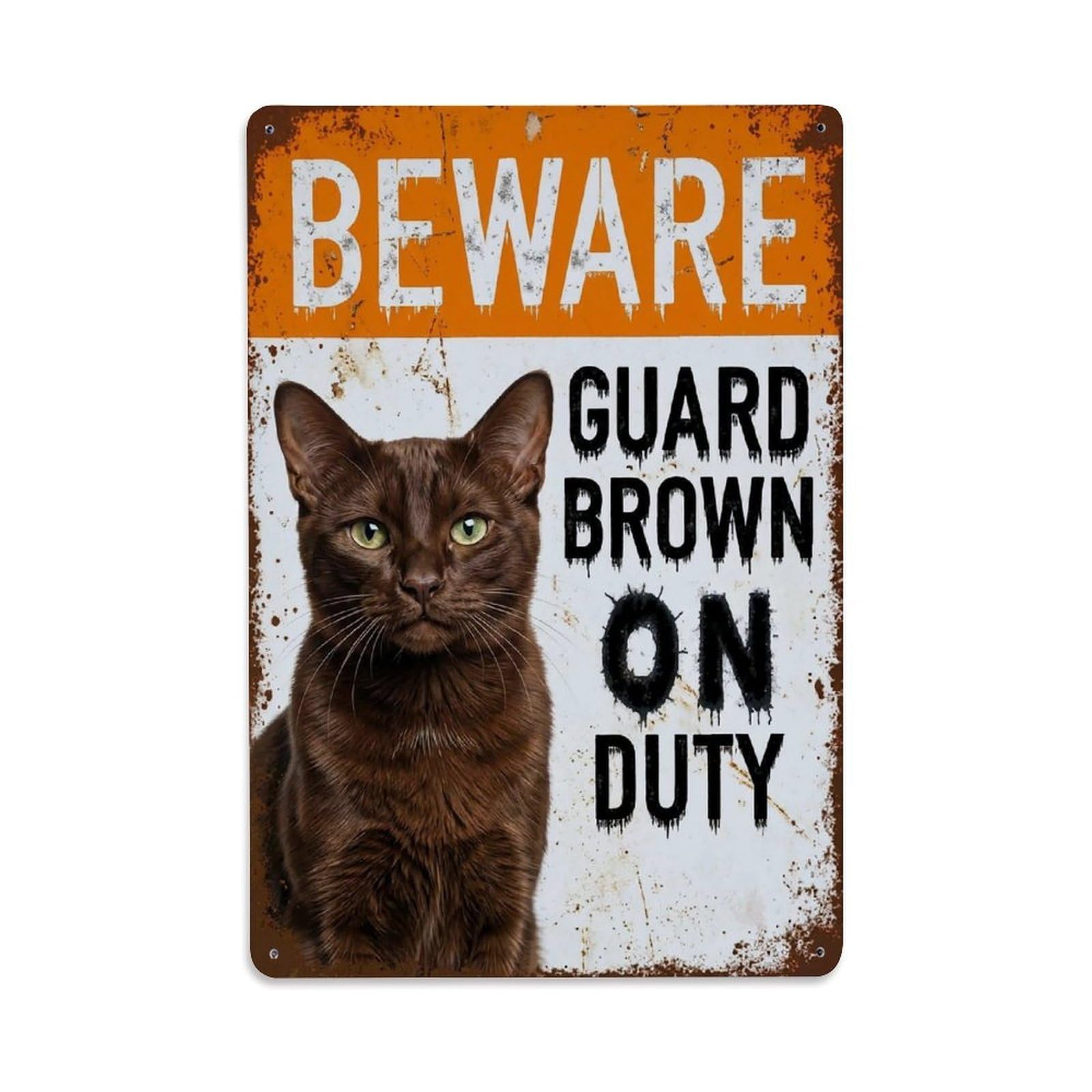 Vintage Funny Brown Guard Beware of Cat Stoop Metal Tin Sign Plaque Wall Decor for Cafe, Club Bar, Office, Garden Metal Poster 8x12Inch