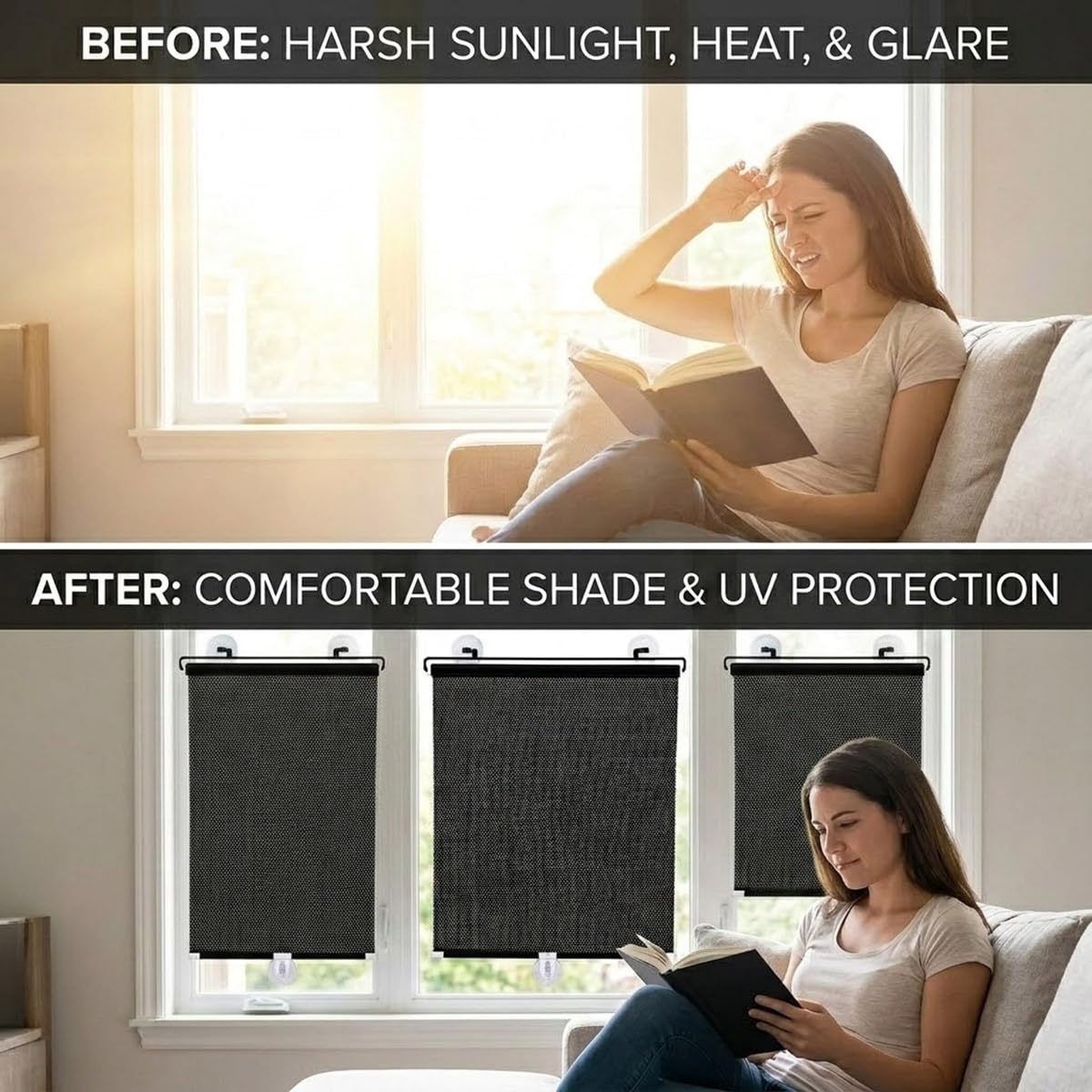 Tende a Rullo Oscurante con Ventose Senza Fori Tapparella da Interno Termica Protezione UV Tendine Parasole per Finestre in Vetro Lucernario Casa Ufficio Auto Portatili(27"Wx72"H)