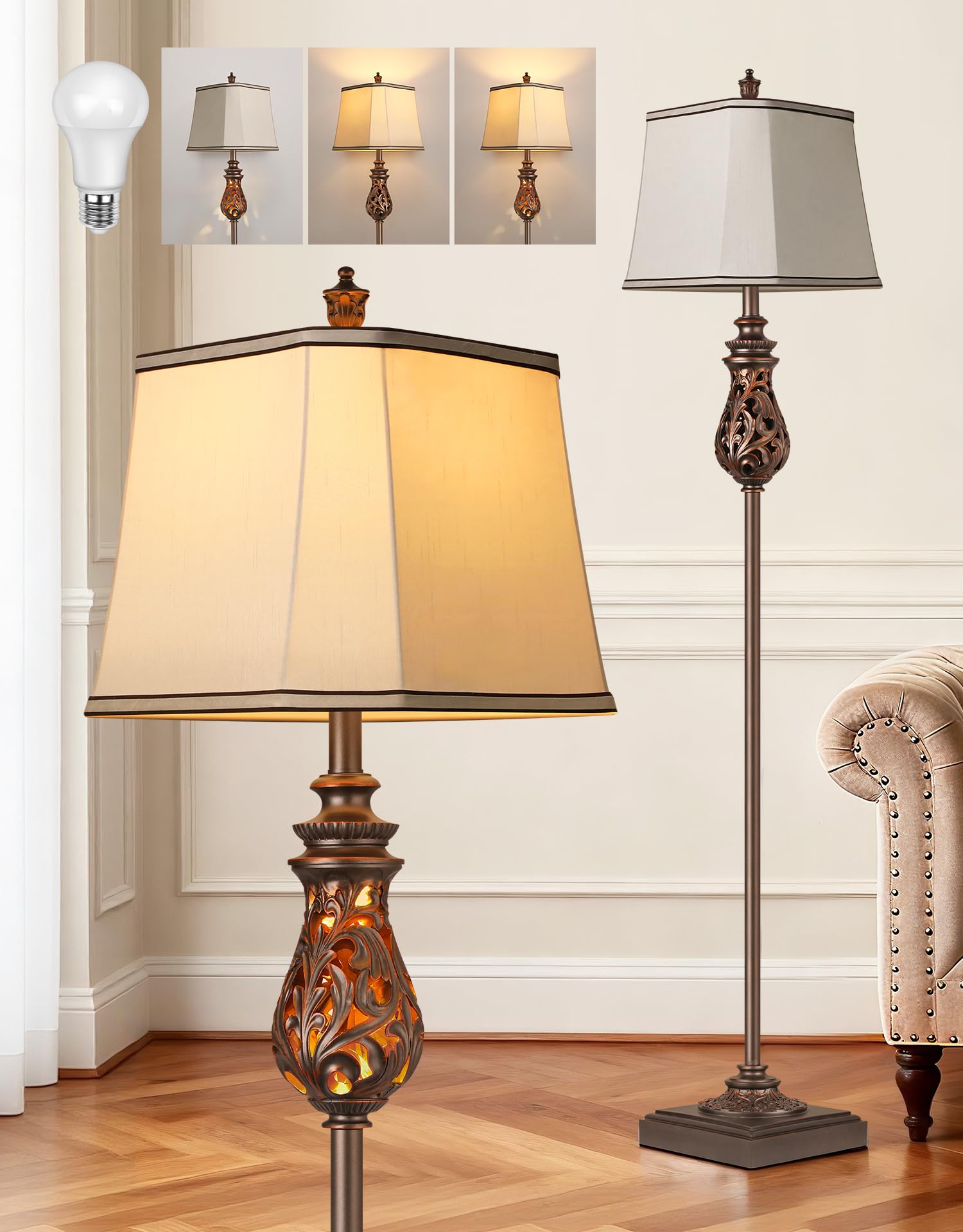 64'' Vintage Floor Lamp with Nightlight, Rustic Farmhouse Tall Standing Lamp with Rotary Switch and Beige Faux Silk Shade for Living Room, Corner, Bedroom, House Decor, Brown (Bulb Included)