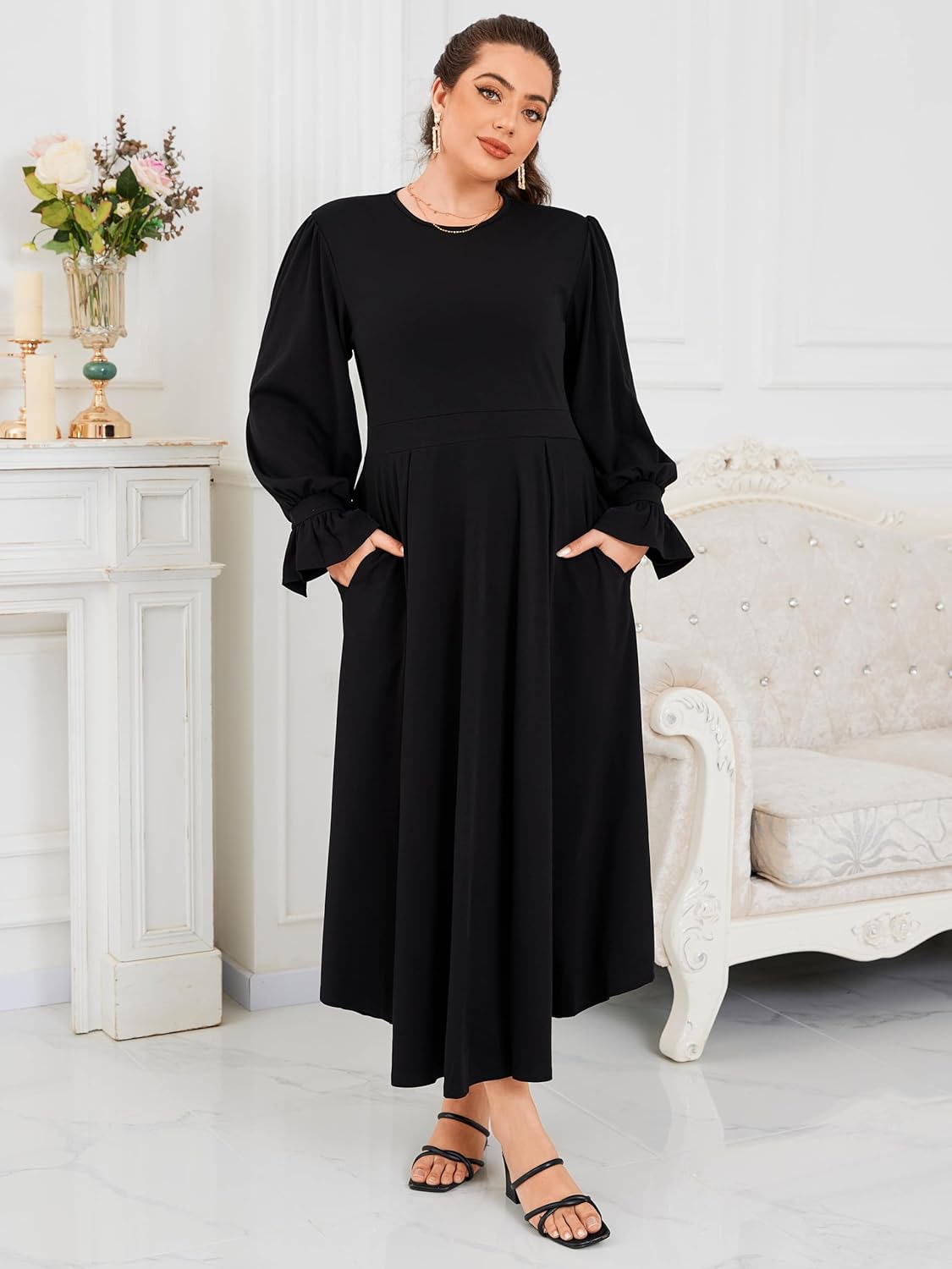 Plus Size Maxi Dress for Curvy Women Long Puff Sleeve Crewneck Stretchy Empire Waist A-line Flowy Outfits with Pockets - Image 7