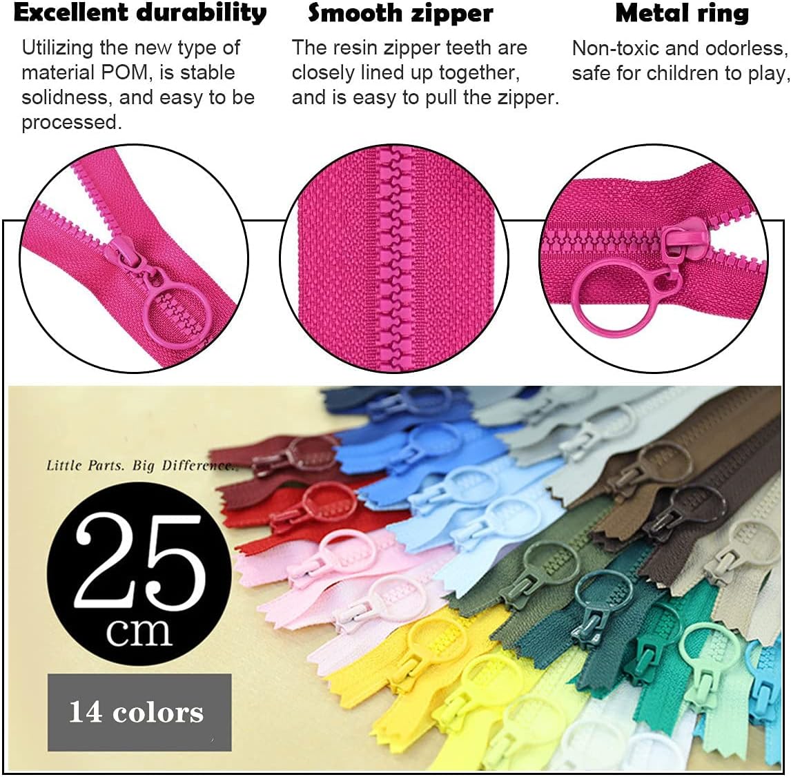 Wonesifee #3Close-end Zippers Resin 14pcs Plastic Non Separating Zipper 10"