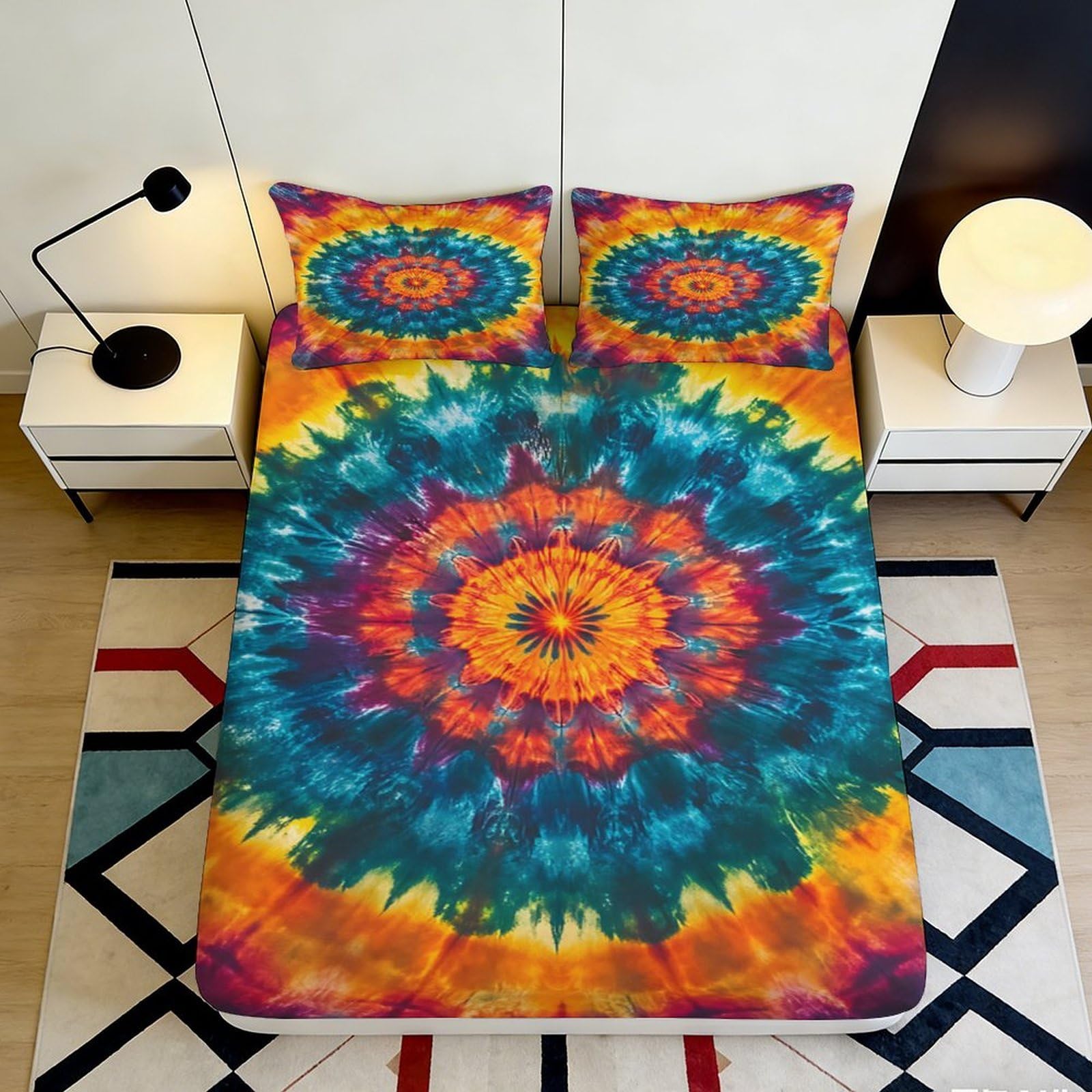 3D Printed Tie Dye Mandala Fitted Sheet Microfiber Vibrant Boho Sunburst Mattress Cover for Bedroom Dorm Home Decor 180x200x25cm