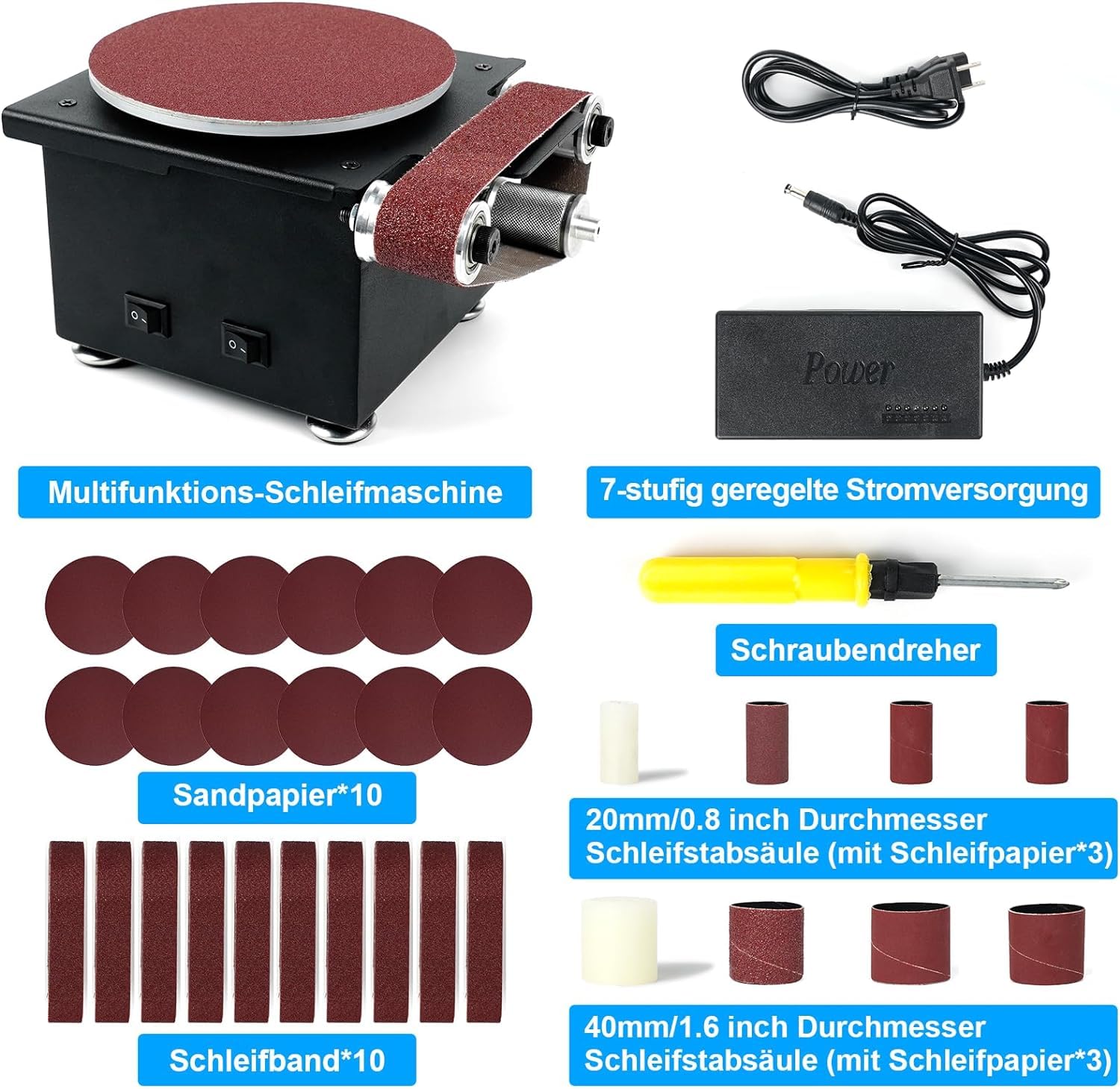 Band und Tellerschleifer 350W Leistung Durchmesser des Schleiftellers 150mm,Mini Bandschleifer Lieferung mit 10 Blatt Schleifpapier und 10 Schleifbändern, Geeignet zum Schleifen von Metall, Holz usw