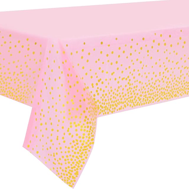Duocute 2 Pack Pink and Gold Disposable Party Tablecloth for Rectangle Table, Gold Dot Confetti Rectangular Plastic Table Cover, for Bachelorette, Girl Birthday and Baby Shower, 137cm x 274cm