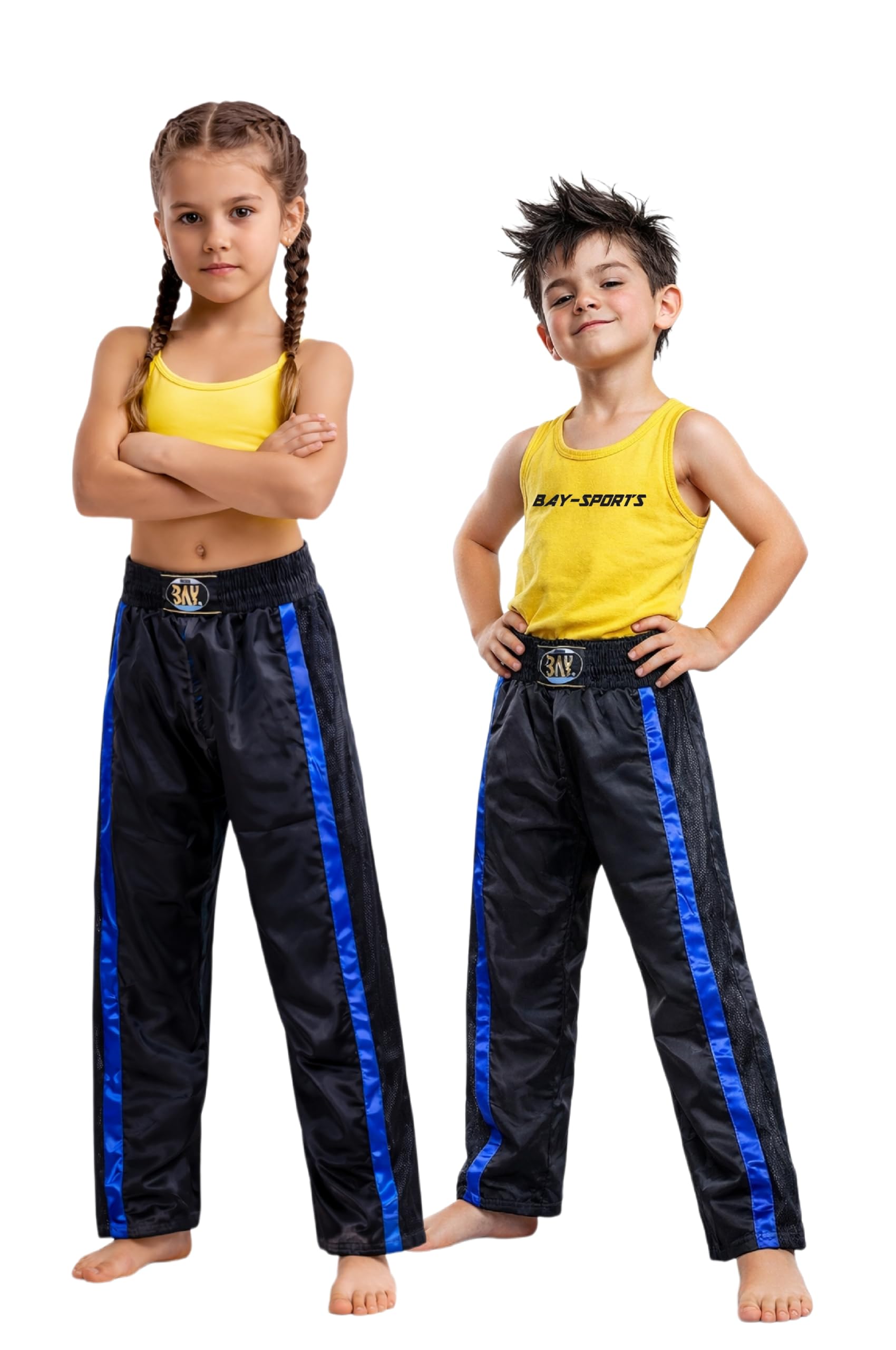 Bay Netz Mesh Kickboxhose Kampfsporthose Schwarz lang Mesh-Netzeinsatz Kontraststreifen in Blau seitlich Polyester Erwachsene Damen Herren Kinder Jungen Mädchen Größen 5XS - XXL