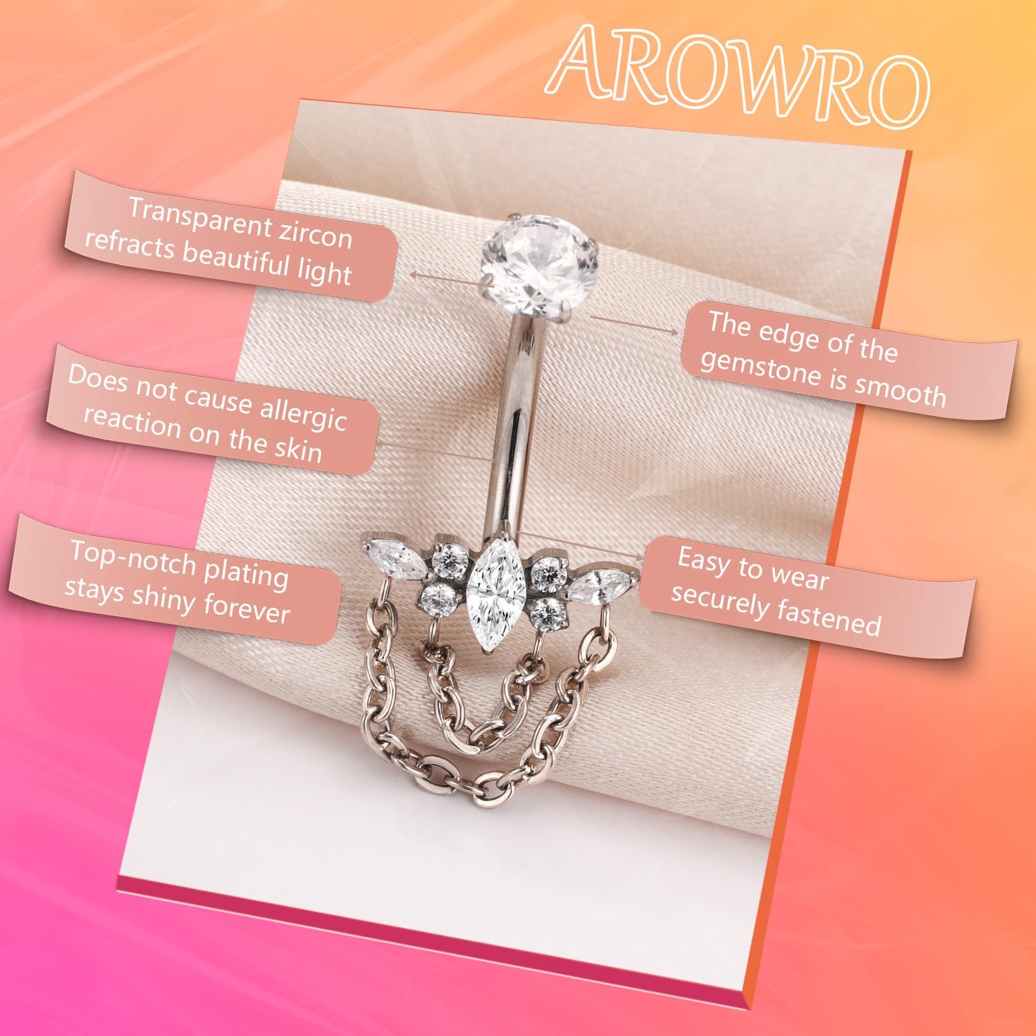 AROWRO G23 Titanium Belly Button Ring Hypoallergenic Belly Rings Internally Threaded Belly Button Piercing 14G 8-14mm Navel Piercing Jewelry with Round Cubic Zirconia - Image 2