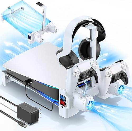 Kytok Soporte horizontal para PS5 con adaptador de CA ventiladores de refrigeración PS5 de 3 niveles y estación de carga de controlador PS5 para