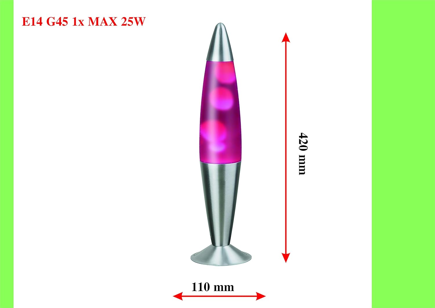Diagram showing the dimensions of the Rabalux Lollipop 2 Lava Lamp, 420mm height and 110mm base diameter.