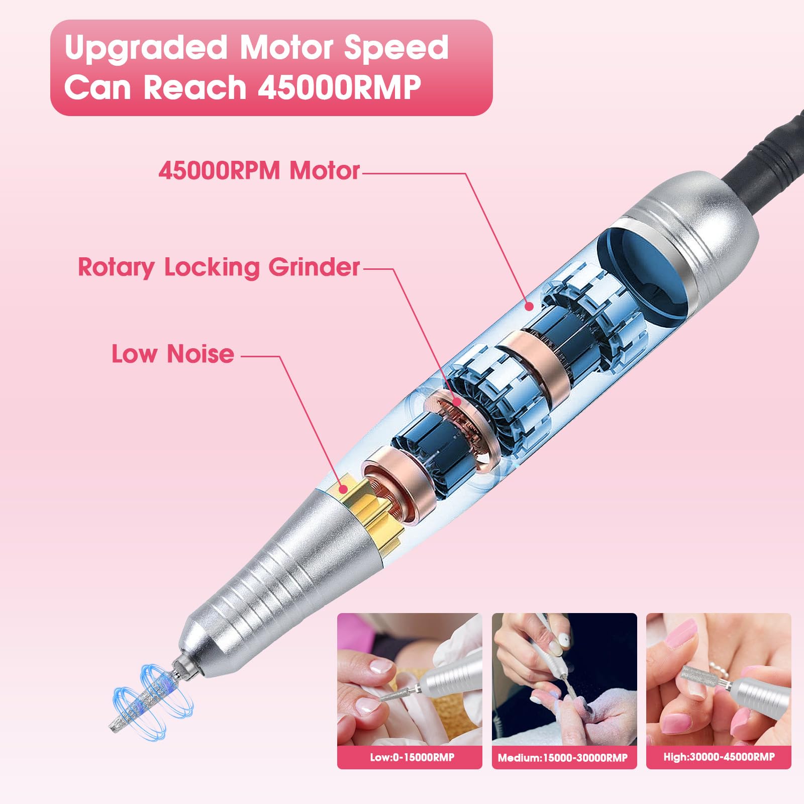 Elektryczna frezarka do paznokci, 45 000 obr./min, elektryczny pilnik do paznokci żelowych, ładowany, przenośny zestaw do manicure, elektryczny, 2000 mAh, USB, elektryczny pilnik do paznokci żelowych