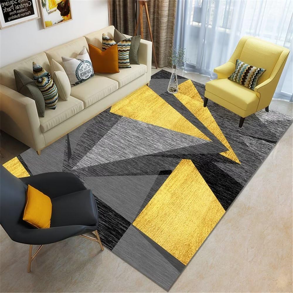Tapis de sol jaune motif triangle 160x230cm grand tapis chambre et salon moderne