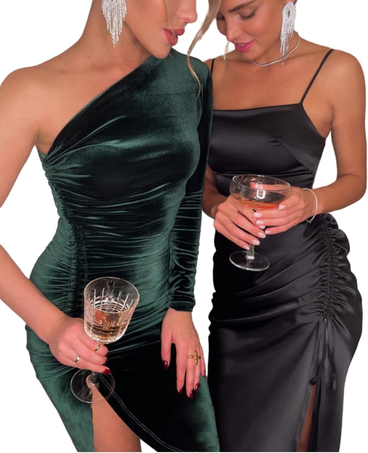 Women's Sexy One Shoulder Long Sleeve Midi Dress Elegant Velvet Bodycon Ruched Slit Cocktail Evening Dress - Image 2