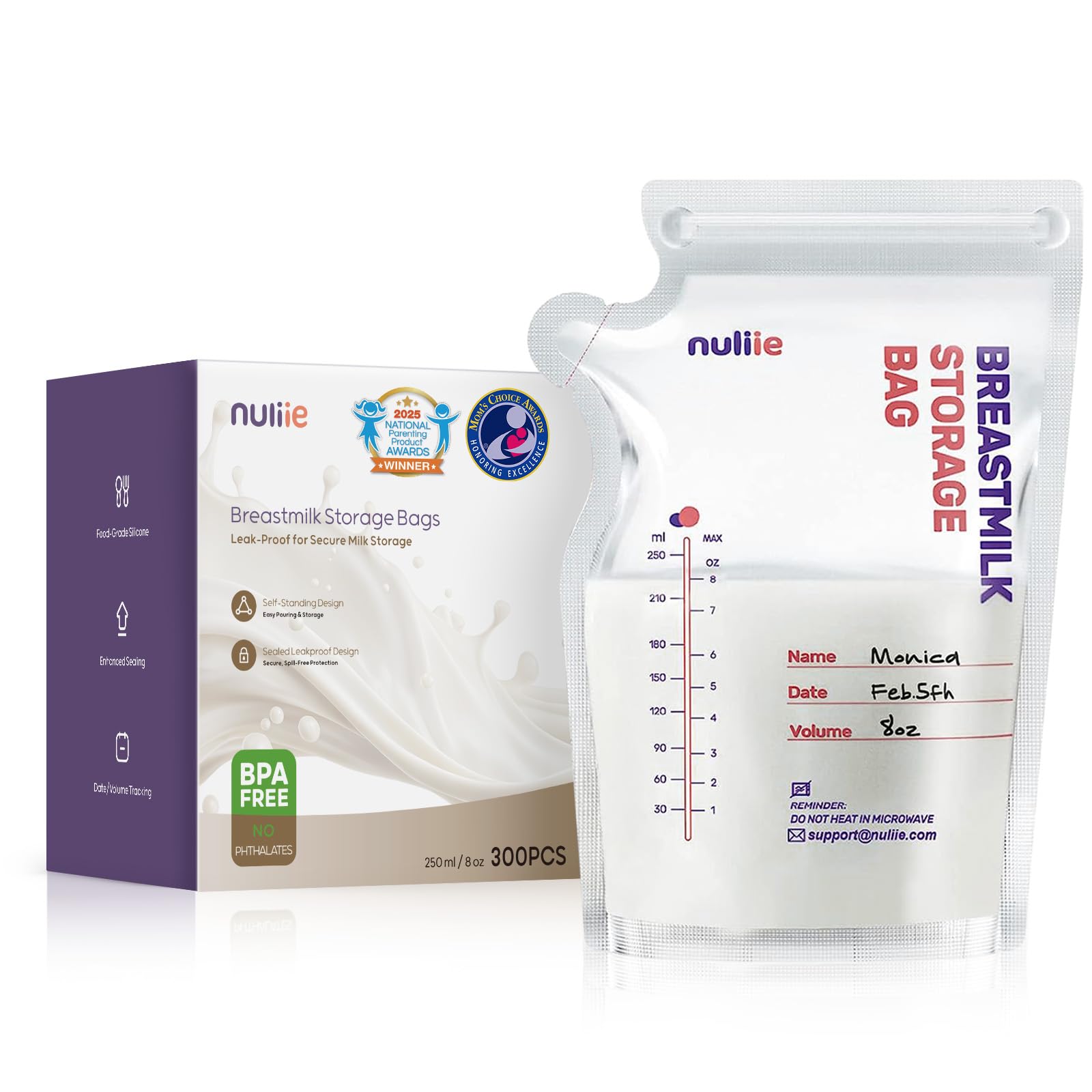 Nuliie 300 Pcs Breastmilk Storage Bags, 8 OZ Breast Milk Storing Bags, BPA-Free, Milk Storage Bags with Pour Spout for Breastfeeding, Self-Standing Bag, Space Saving Flat ProfileClimatePartner certified