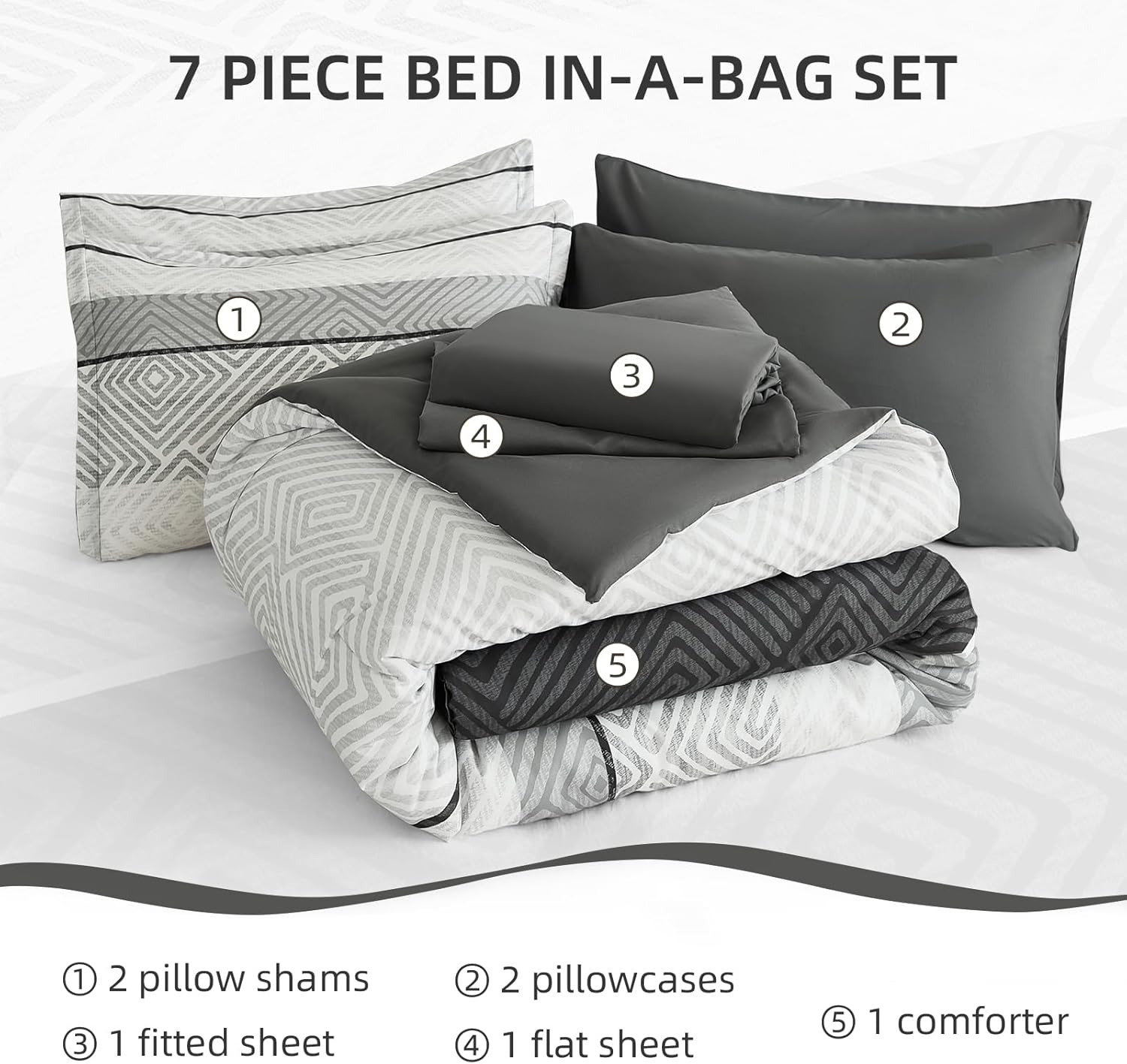 Drucon Black and Grey Comforter Set Queen Size 7 Piece Bed in a Bag, Boho Striped Bedding Set, Soft Microfiber Comforter and Sheet Set for All Season (Queen, 90"x90") - Image 7