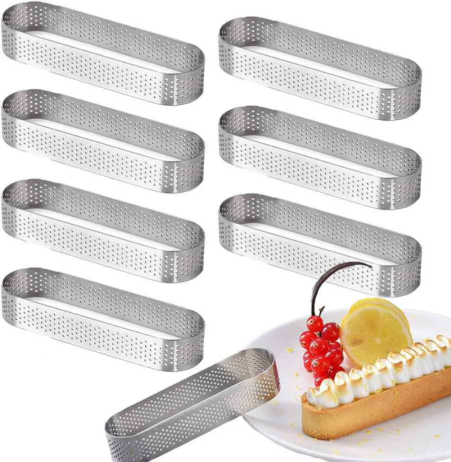 Moovul 8Pcs Oval Tartlet Molds French Dessert Mousse Fruit Pie Tart Ring Quiche Cake Mold, Stainless Steel Tart Mousse Ring