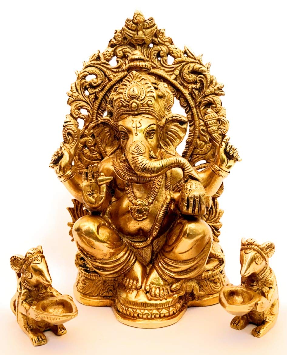 Duke Art Emporium Brass Ganesha with Two Mushak Diya/Lord Ganesh Murti Ganesha Idol Ganpati Bhagwan with Mushak Diya Brass Statue for Home Entrance Good Luck Vastu