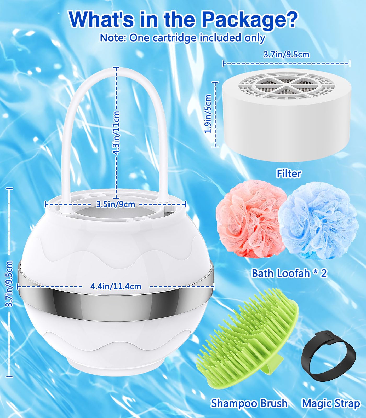 MoKo Filtro de Agua para Bebés y Adultos, Filtro de Bañera, Ablandador de Agua para Una piel, Cabello y Uñas más Suaves, Filtro de Baño con Bola de Ducha y Cepillo para Champú, Blanco
