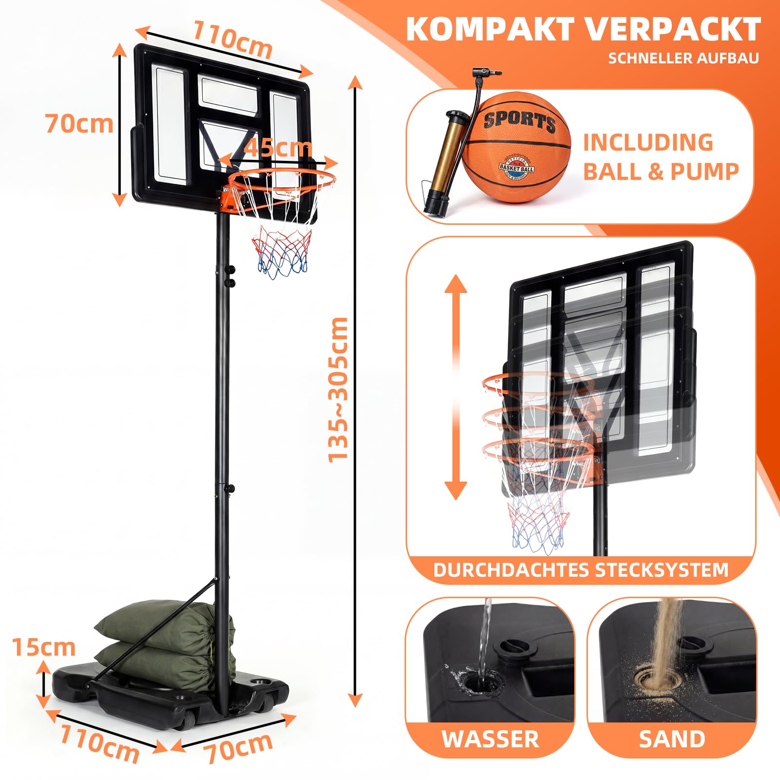 VOWNER Basketballkorb Outdoor höhenverstellbar Basketballständer verbreiterte Basis mit Sandsack, inkl. Größe 5 Ball & Pumpe, mobil, Basketballanlage für Kinder & Erwachsene