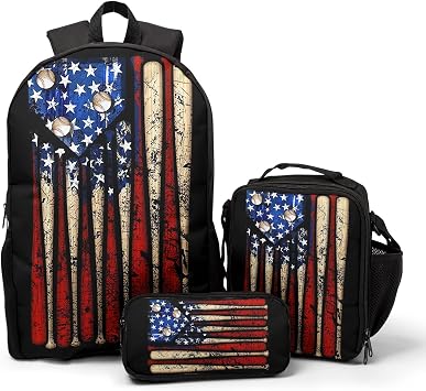 Giwawa American Flag Baseball School Backpack Set Lightweight Teen Girls Women Kids School Bags College Bookbag with Lunch Bag