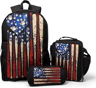 Giwawa American Flag Baseball School Backpack Set Lightweight Teen Girls Women Kids School Bags College Bookbag with Lunch Bag