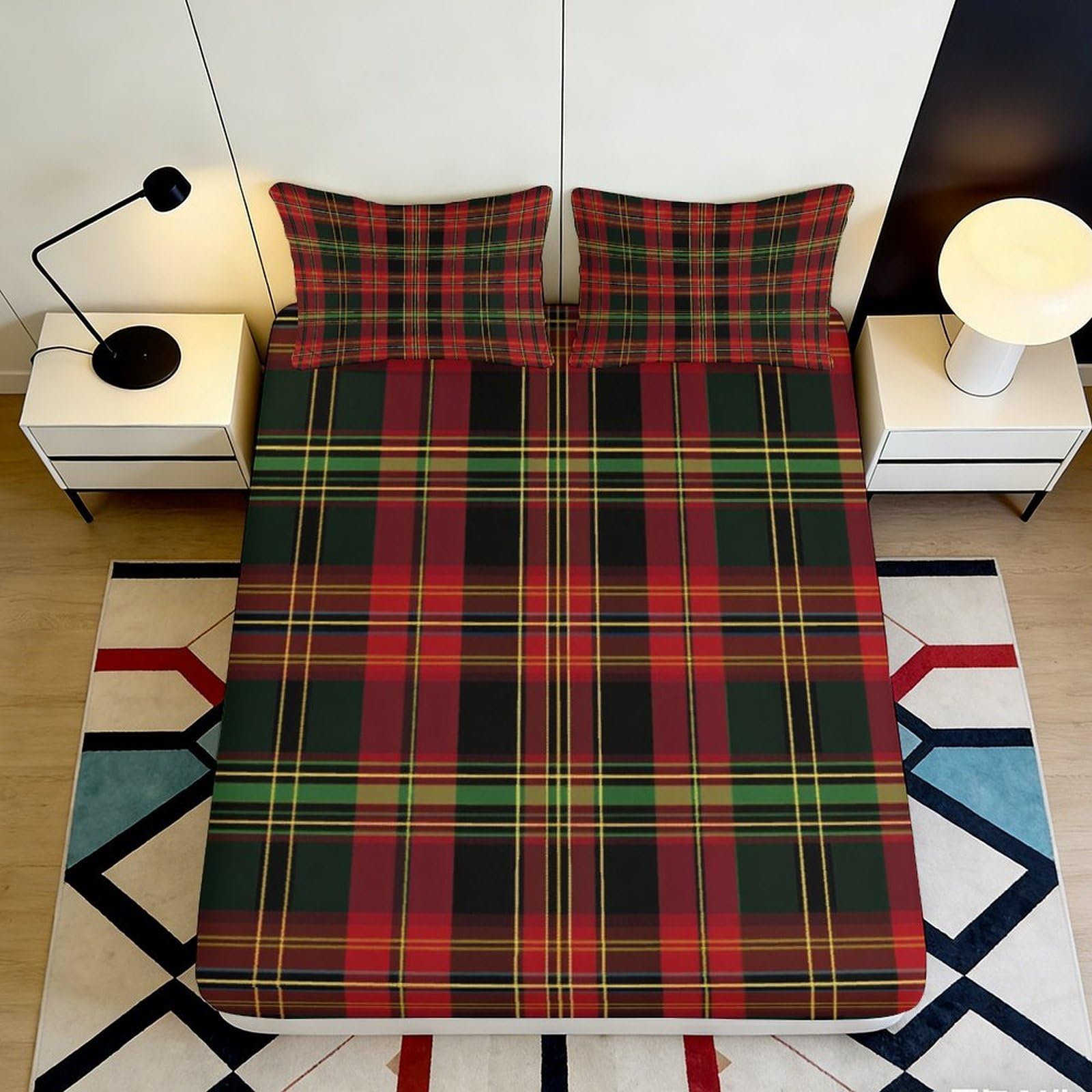 3D Printed Red Green Tartan Fitted Sheet Microfiber Soft Durable Plaid Bed Cover for Bedroom Dormitory Guest Room Mattress Protection and Decor 120x200x25cm
