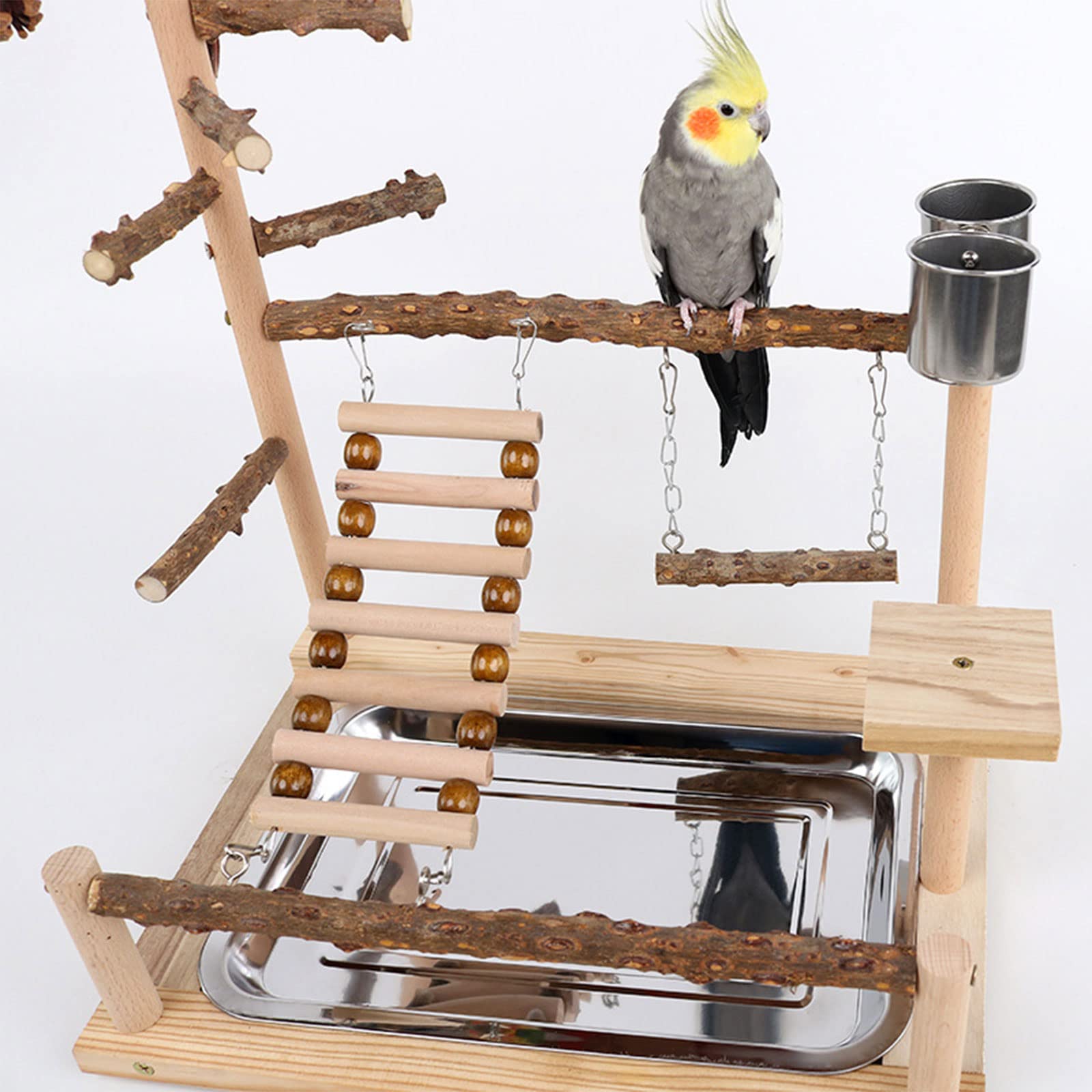 Pet Parrot Playstand Pappagalli Uccello Uccello Gioca Stand Trespolo in Legno Scala con Piastra di Alimentazione in Acciaio
