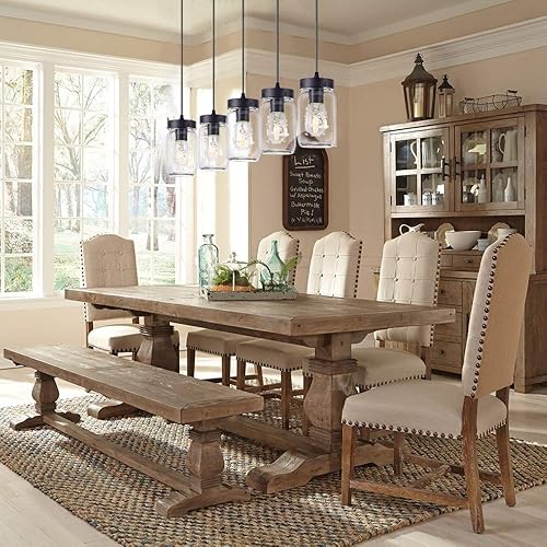 Miniatura 9 de Wellmet Candelabro de 5 luces para isla de cocina, lámpara colgante lineal de granja para comedor, acabado negro mate con pantallas de vidrio