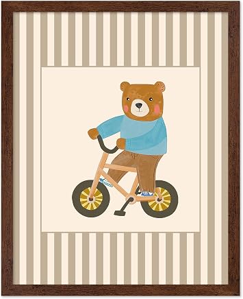 Poster Master Nursery Print - Bear on Bicycle Poster - Fun Animal Art - Whimsical Toddler Playroom Wall Design - Playful Bear Art - Boho Kids Room or Nursery Decor - 8x10 Brown Framed