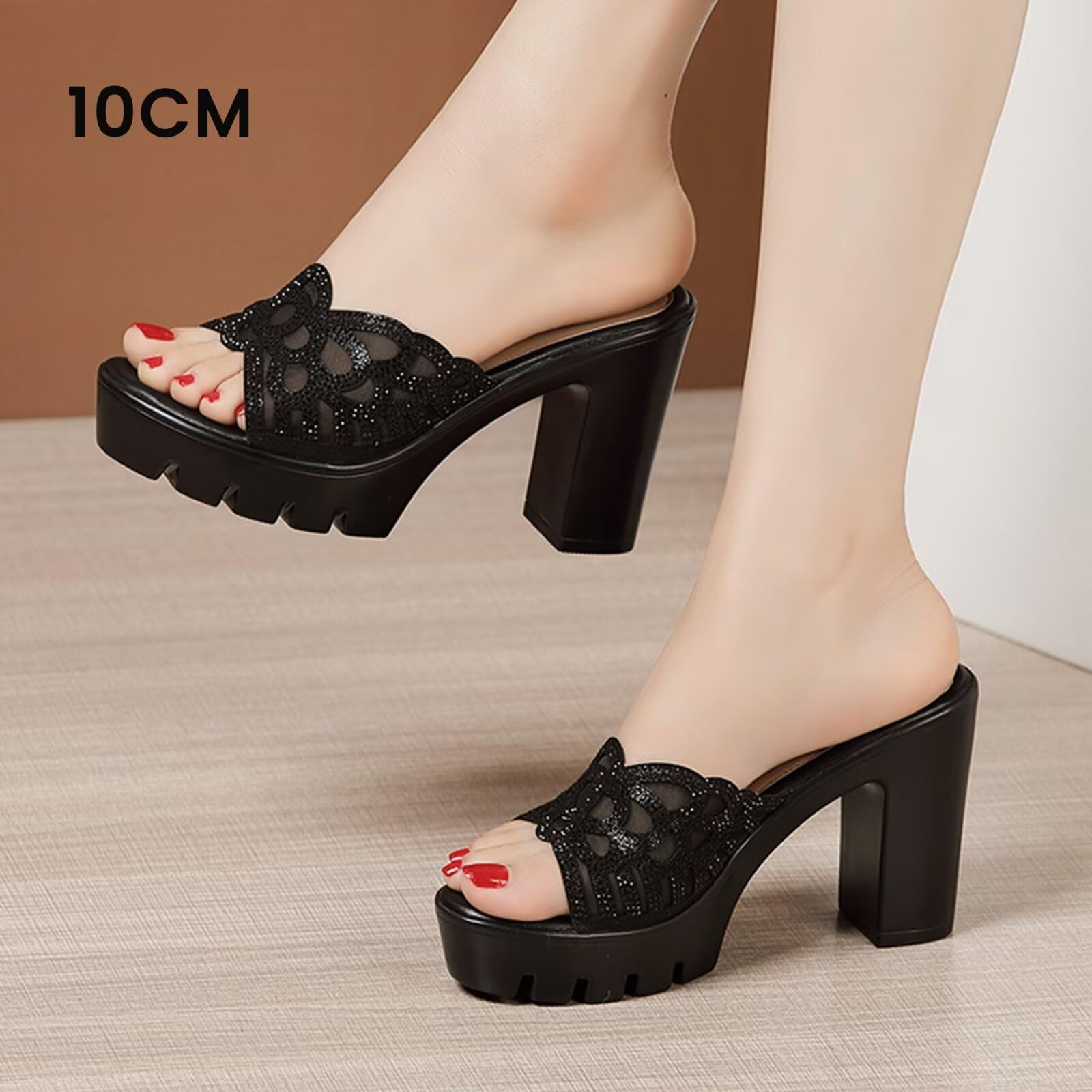 HNVAVQ Sandalias de Plataforma con Strass y Tacón Ancho Mules
