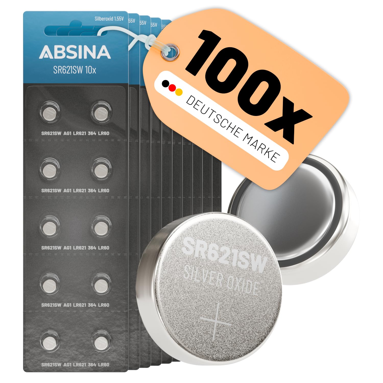 ABSINA SR621SW bateria do zegarka 1,55 V tlenek srebra 10 x 10 sztuk - bateria guzikowa SR621SW zabezpieczona przed wyciekiem i długa trwałość - bateria SR621SW / LR621 / SR621 / 364 / V364 / R60 /
