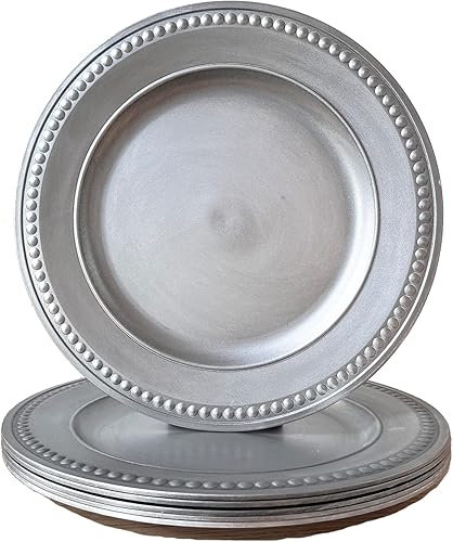 Miniatura 8 de Platos de carga antiguos blancos, cargadores metálicos de 13 pulgadas para platos de cena, cargadores de plástico con borde de cuentas para comedor,