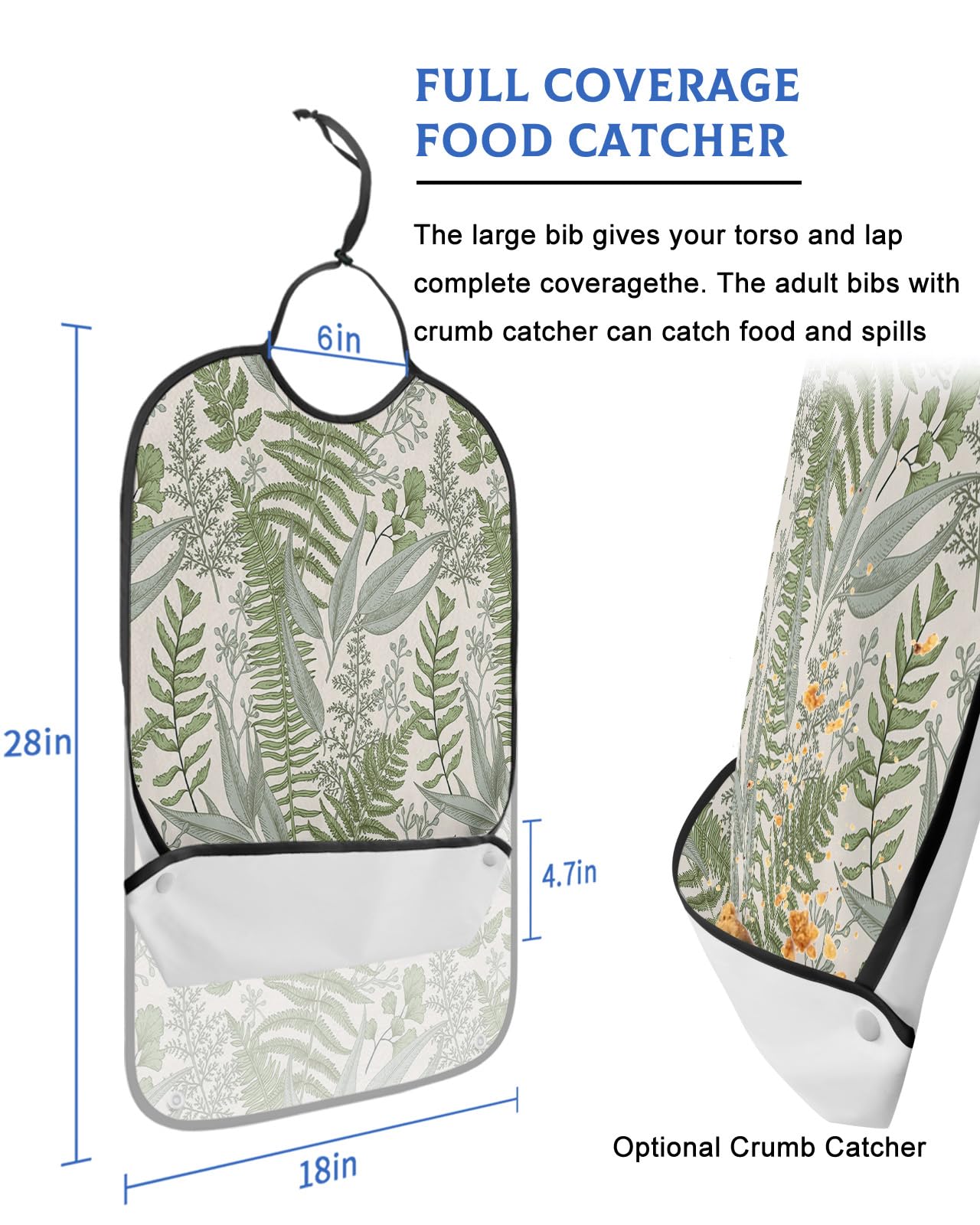LEOKOTI Pastoral Botanical Adult Bibs for Eating, Waterproof Bibs with Food Catcher & Adjustable Snap Closure, Green Herbs Vintage Washable Clothing Protectors Adult Bibs for Elderly Women/Men