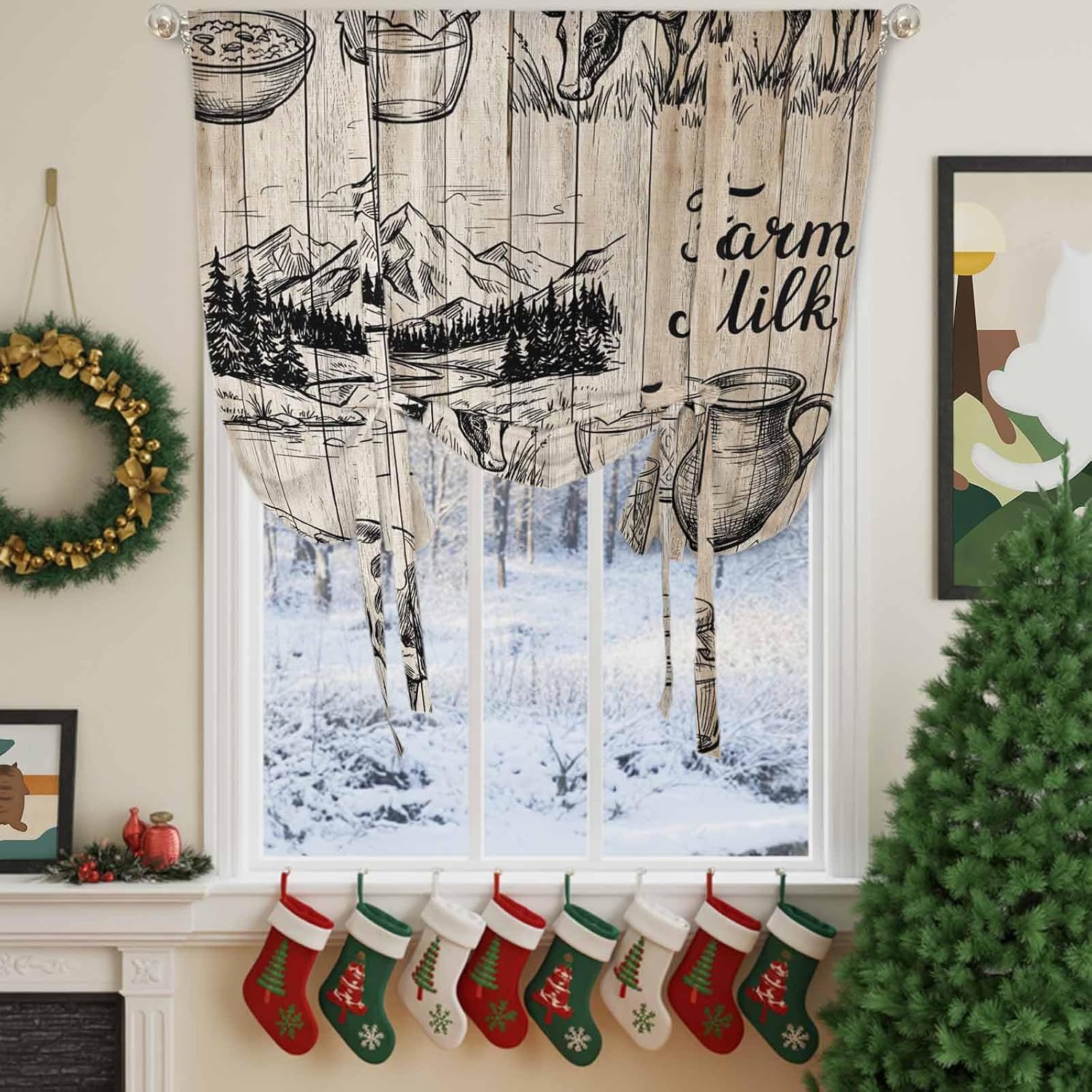 Vintage Farmhouse Cow Tie Up Curtains for Windows 63 Inch Length Balloon Curtains Kitchen Adjustable Balloon Window Shade Brown Wooden Farm Milk Tie Up Valance Bathroom Curtain Window 52"x63"