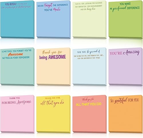 Yinder 12 Pcs Inspirational Sticky Notes - Employee Appreciation Thank You Gifts Bulk, 3x3 Mini Pocket Notepads for Teacher Coworker Office Staff, Motivational Supplies (Appreciation,Multicolor)