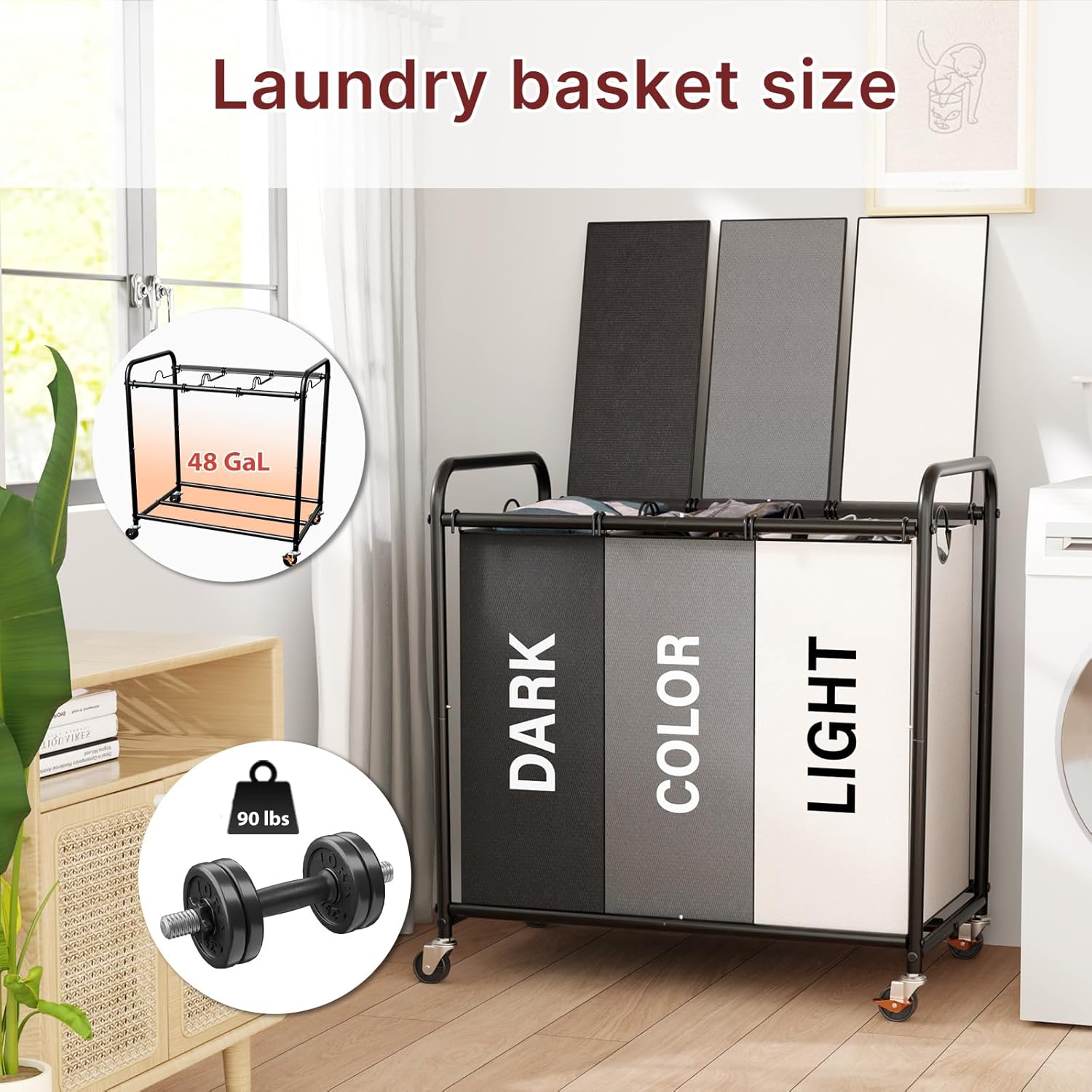 3-Compartment Laundry Cart with Lockable Wheels & Lid 180L Large Wheeled Laundry Basket Heavy-Duty Sorting Organizer for Laundry Room (Multicolor)