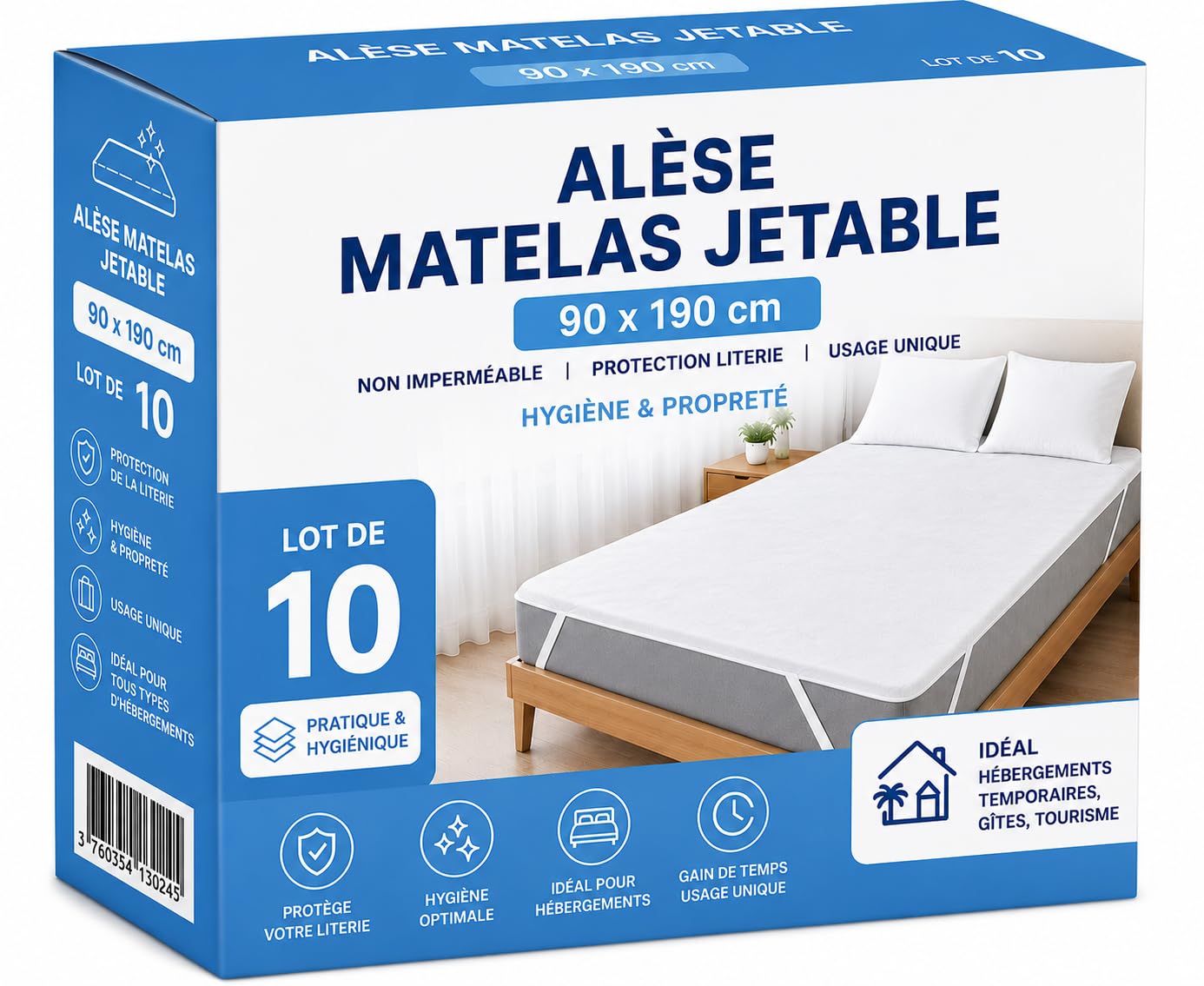 Alèse Matelas Jetable 90x190 cm | Lot de 10 | Protection Matelas Lit 1 Place | Usage Unique | Anti-Bactéries, Anti-Acariens & Anti-Allergies | Idéal Courts Séjours