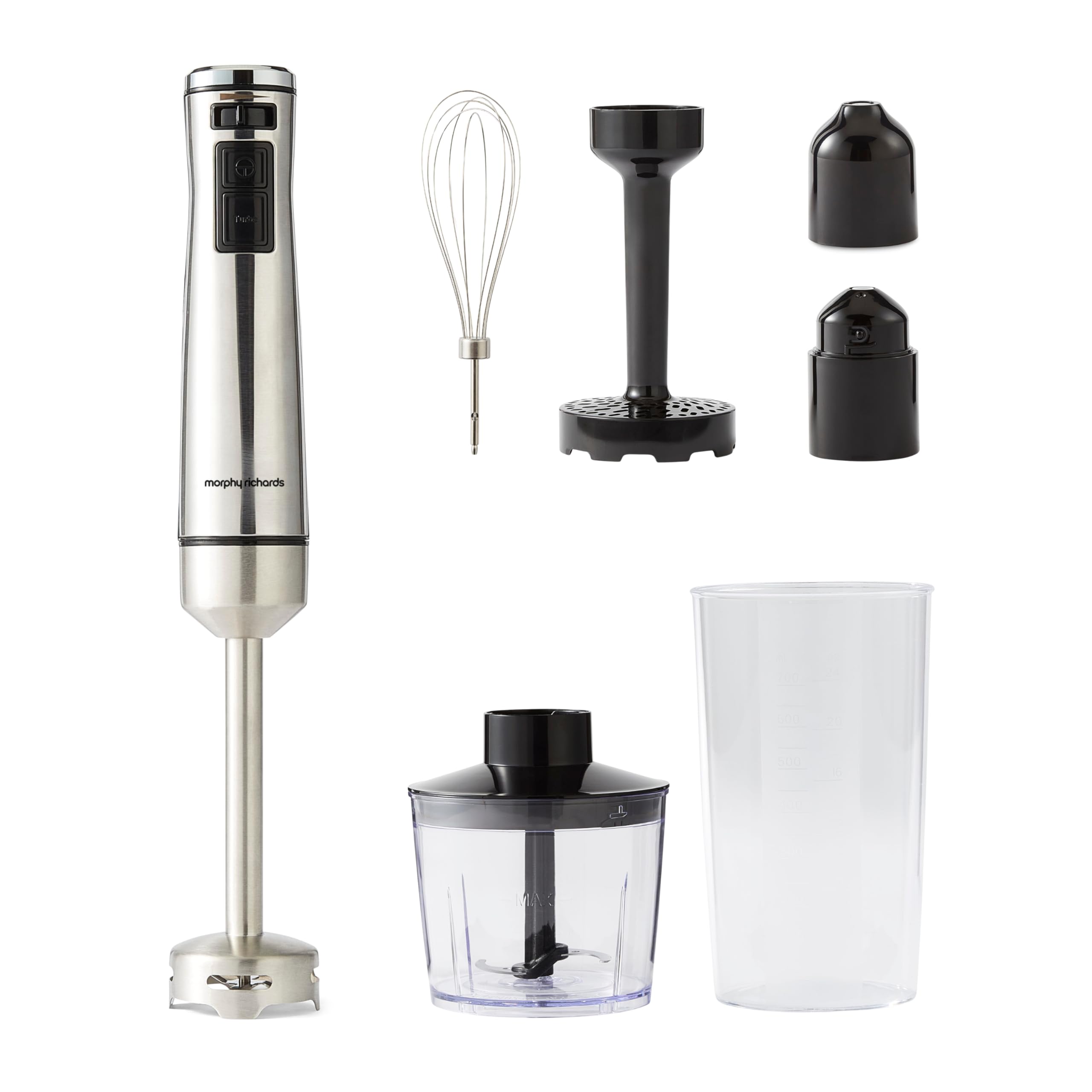 Morphy Richards Stainless Steel Hand Blender Set with Masher, Variable Speeds, Turbo Mode, DC Motor, Lightweight, Mashing/Chopping/Whisking/Juicing & Blending, Accessories Included, 1000W, 402020