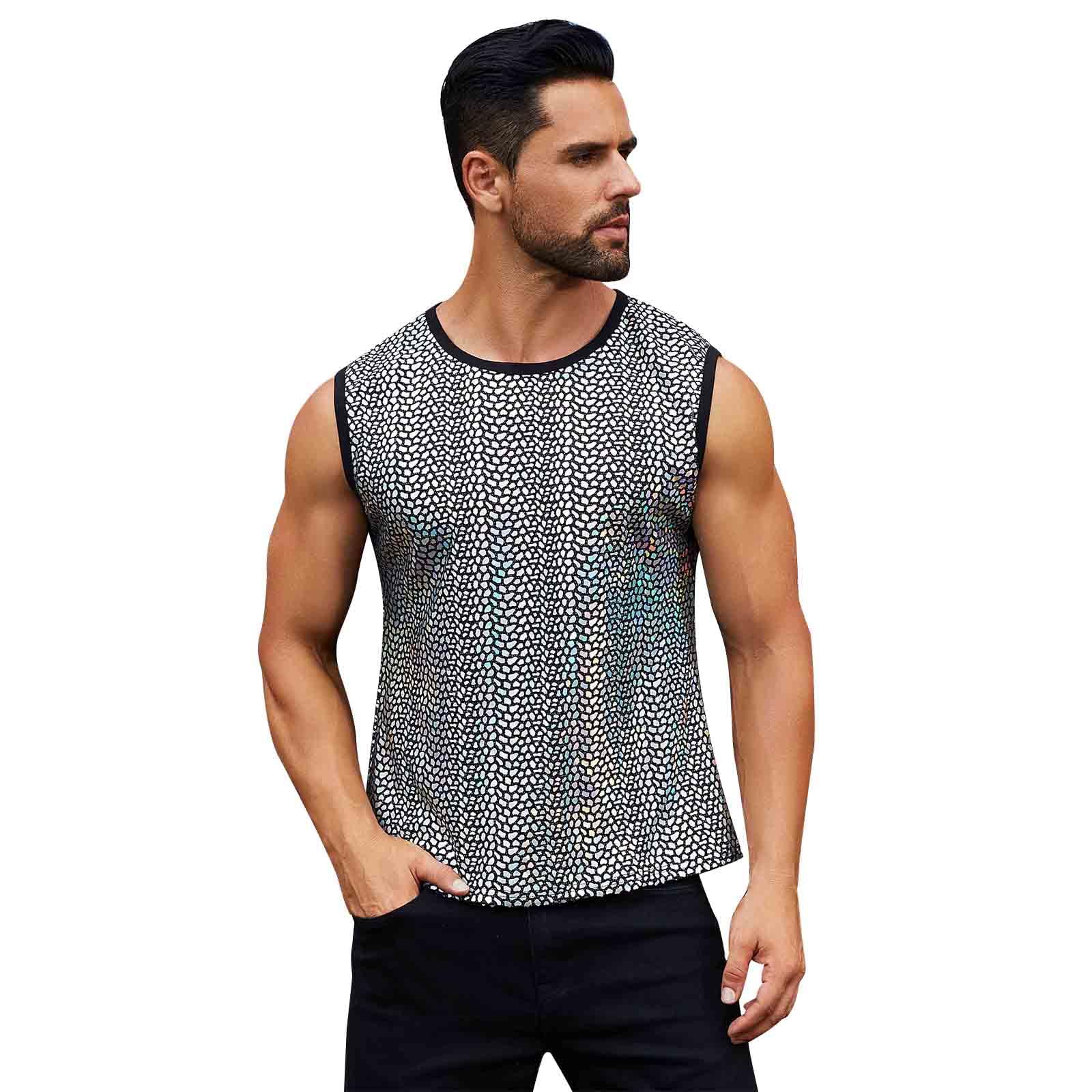 FYMNSI Mens Shiny Holographic Metallic Tank Top Reflective Round Neck Sleeveless Tee Shirts Tops Rave Clothing Nightclub Wear
