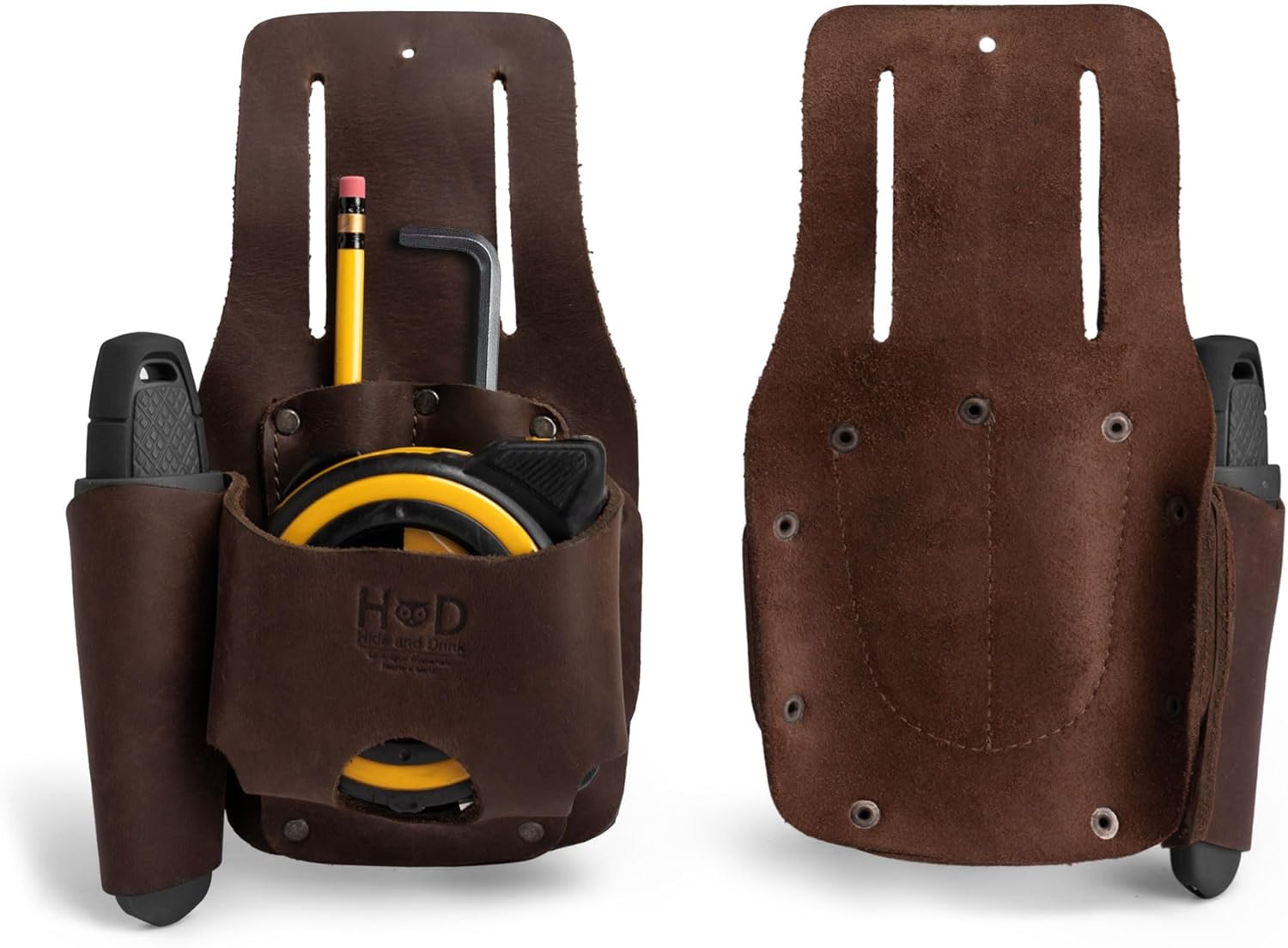 Hide & Drink, Tape & Knife Holder, Marking and Measuring Pouch, Tool Case, Screwdriver Holster, Pocket Belt Pouch, Full Grain Leather, Handmade